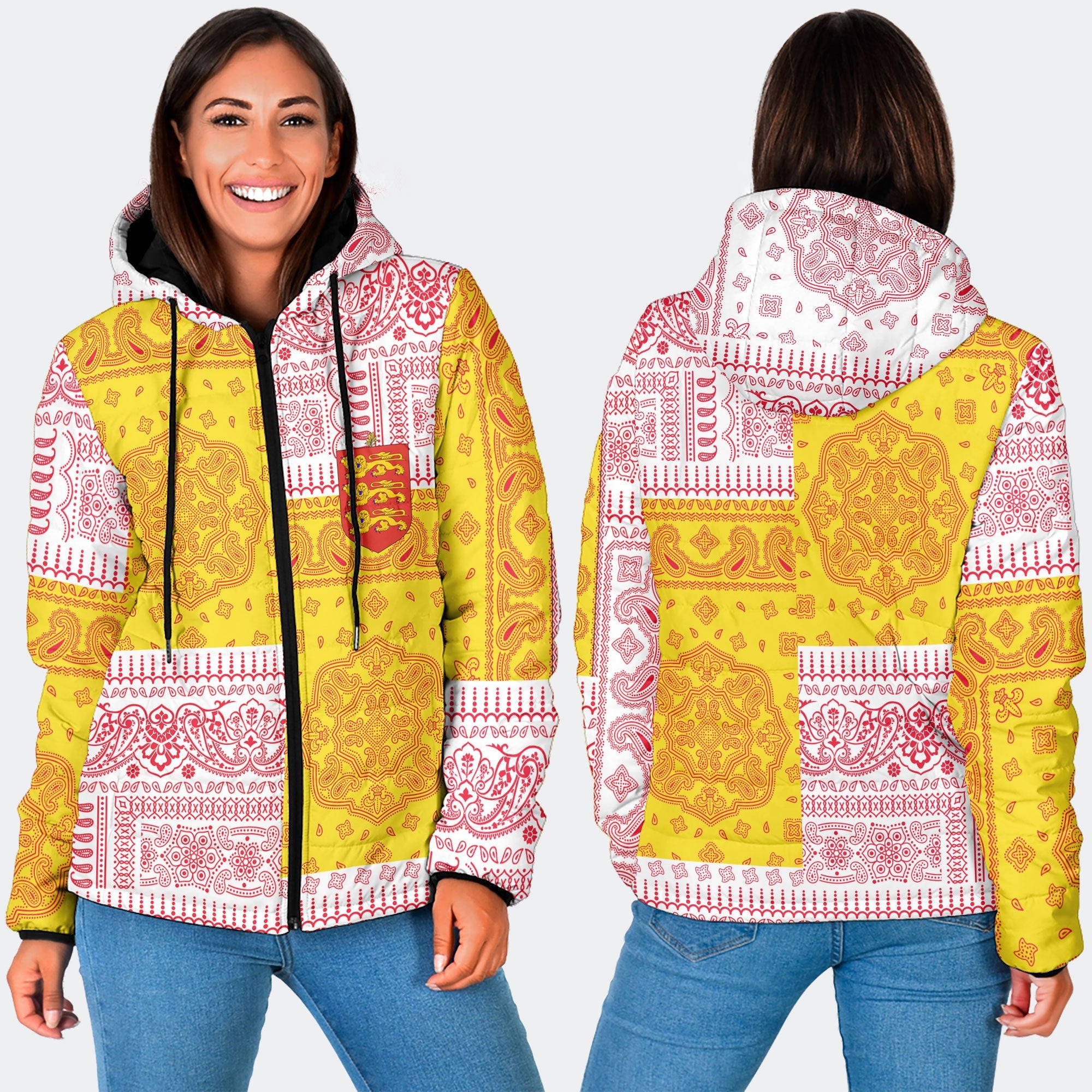 Guernsey Women Hooded Padded Jacket Flag And Paisley Basic Style 3