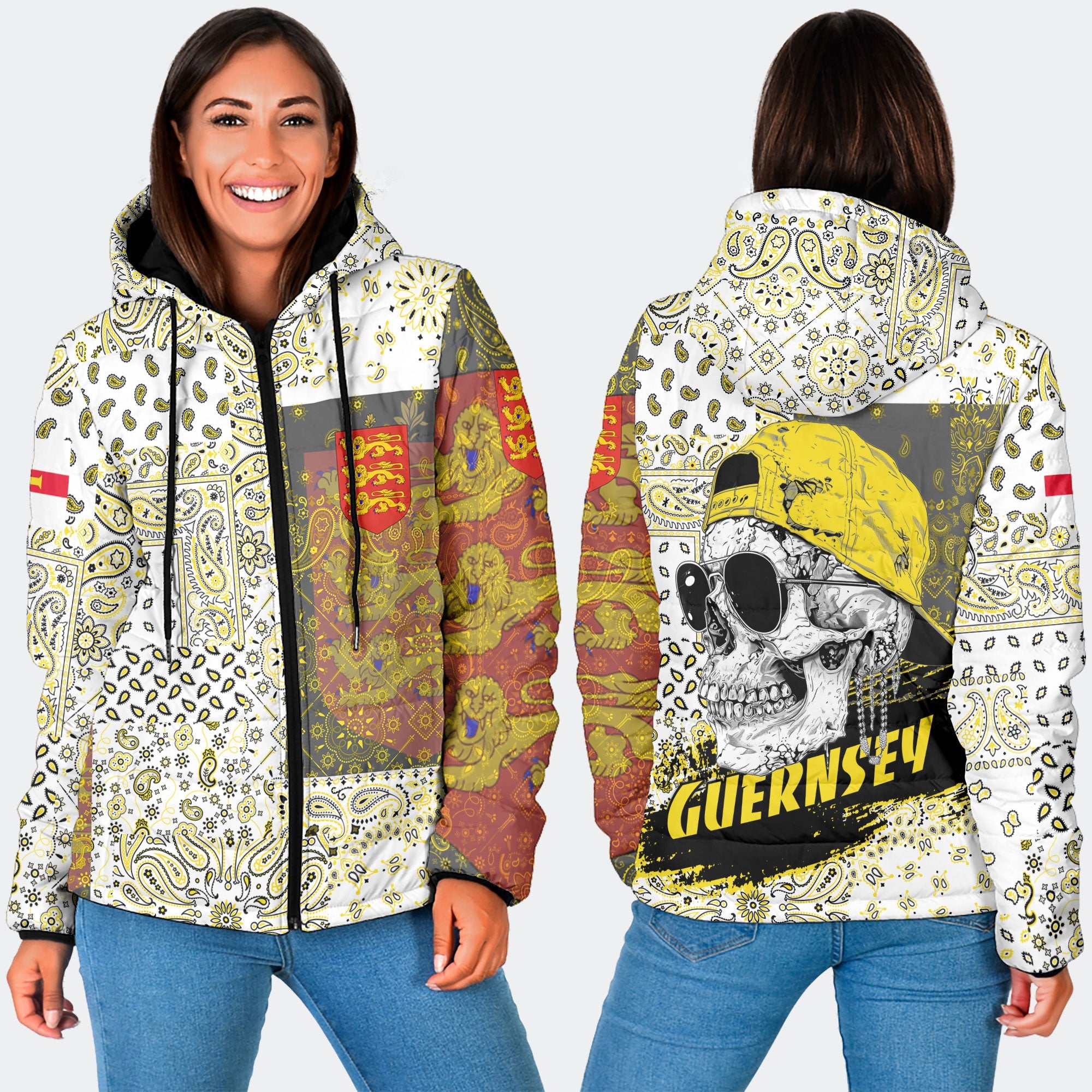 Guernsey Women Hooded Padded Jacket Paisley Flag And Skull Style 3