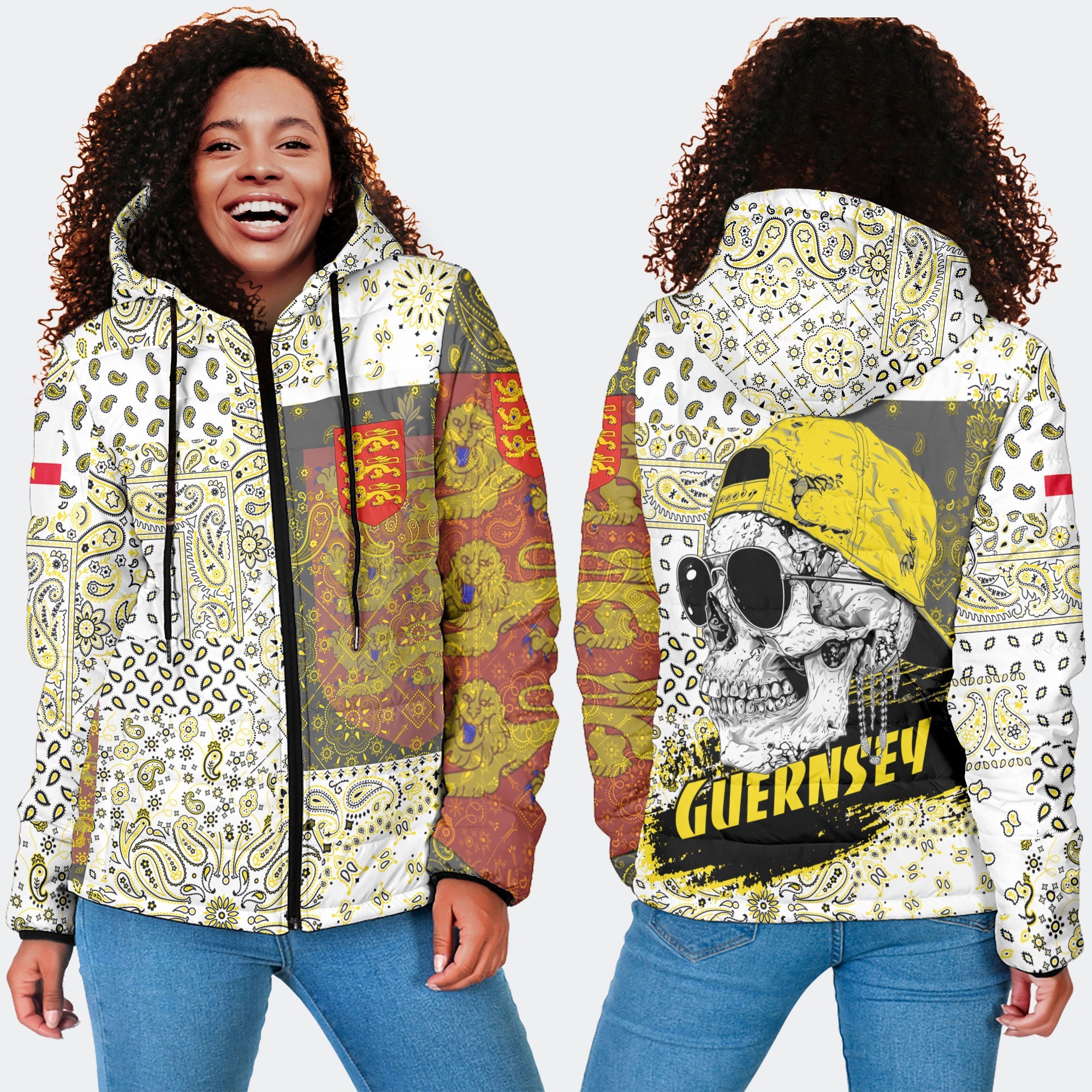 Guernsey Women Hooded Padded Jacket Paisley Flag And Skull Style 4