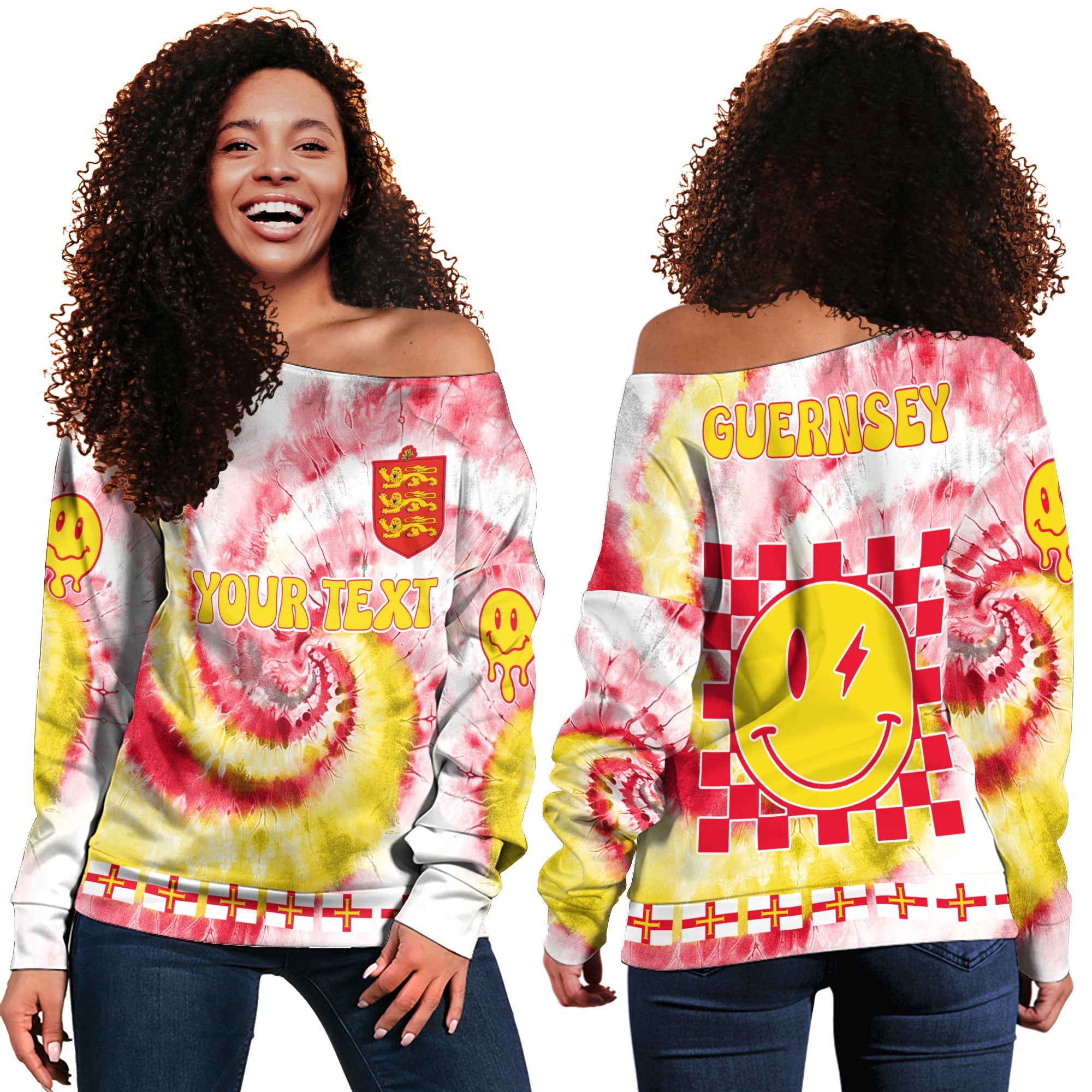 Guernsey Women Off Shoulder Sweatshirt Custom Tie Dye Style 2