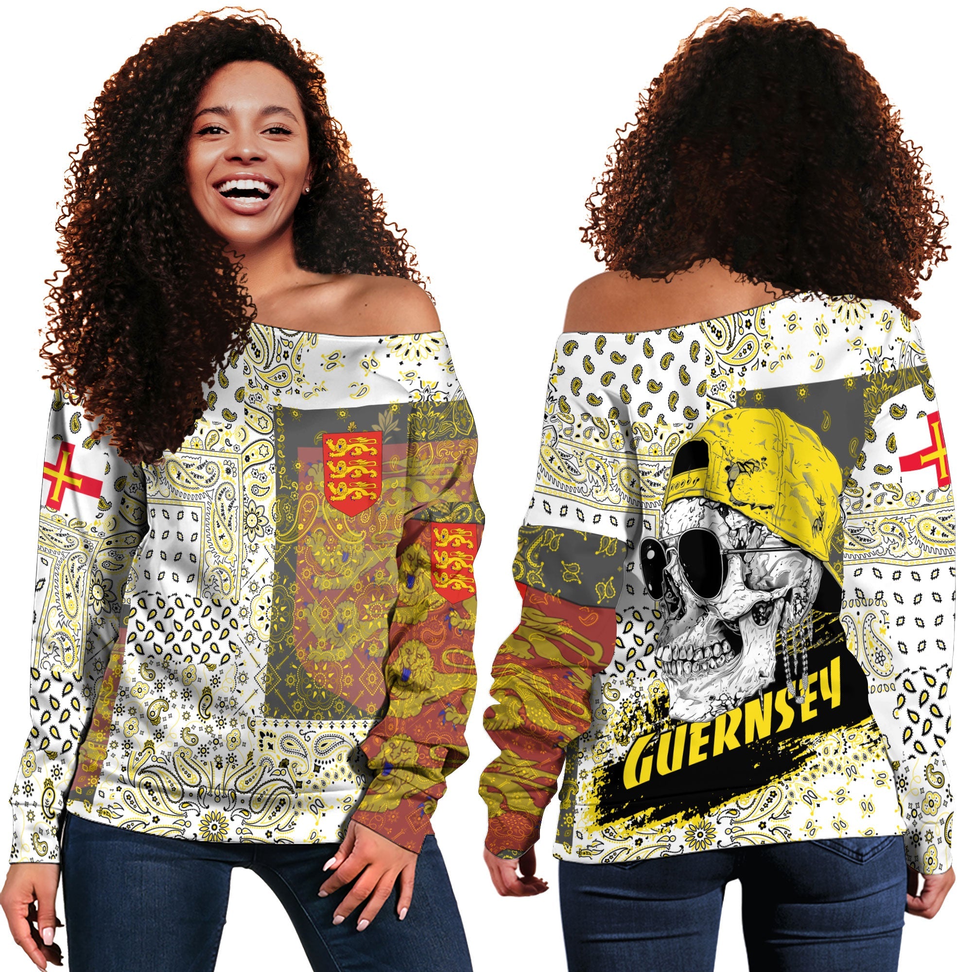 Guernsey Women Off Shoulder Sweatshirt Paisley Flag And Skull Style 1