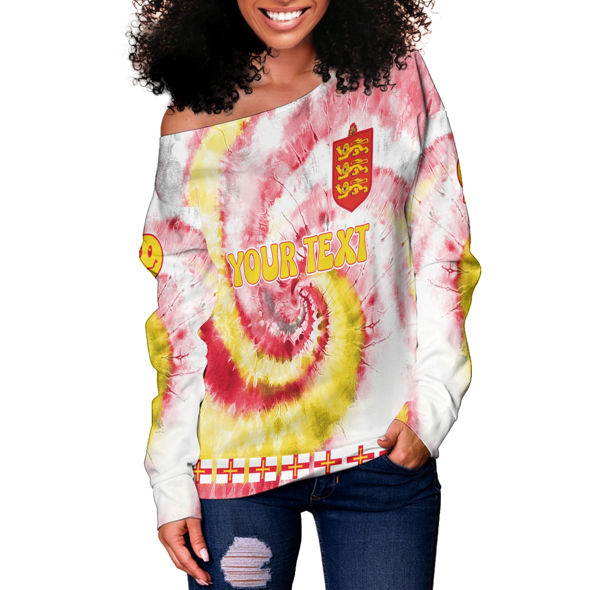 Guernsey Women Off Shoulder Sweatshirt Custom Tie Dye Style 3