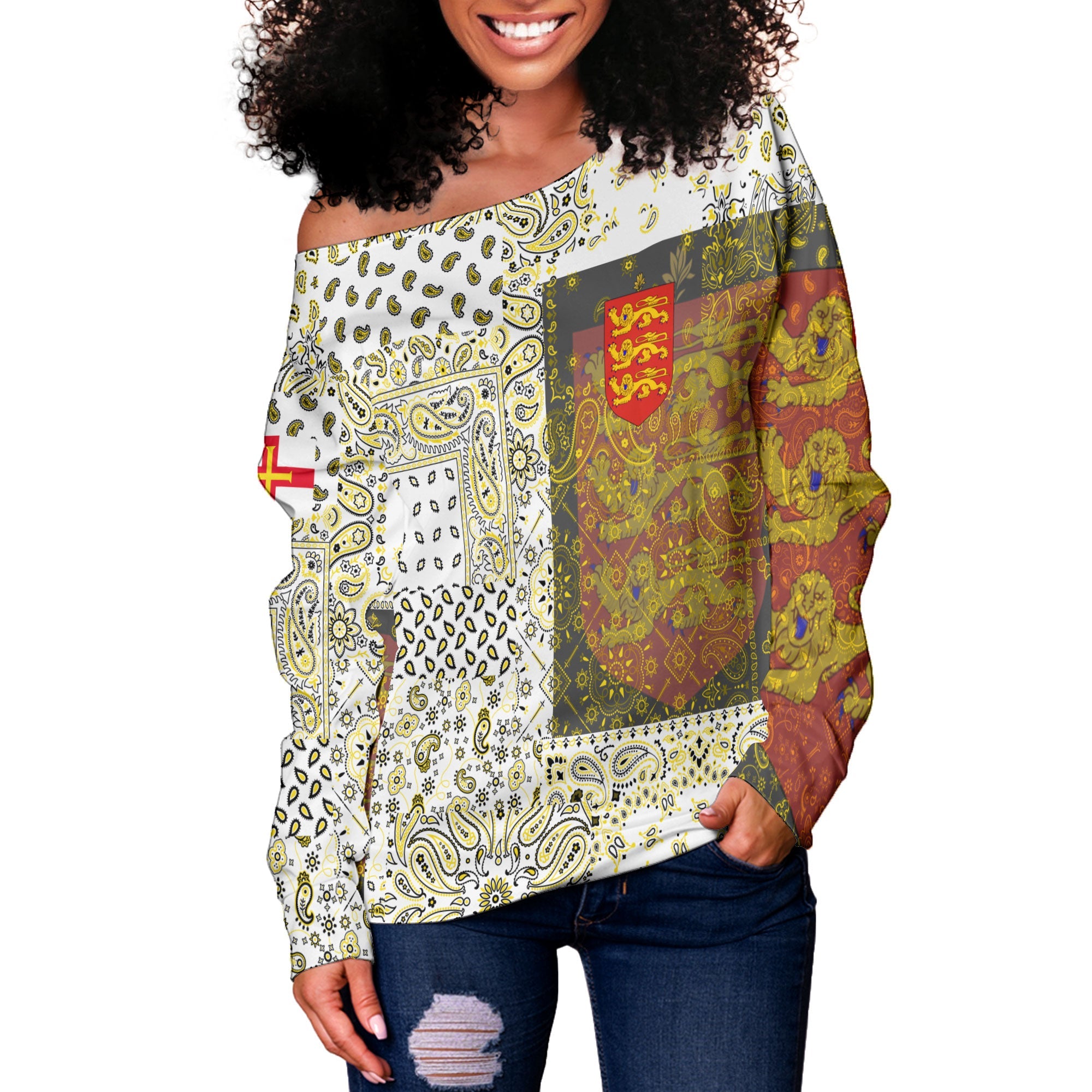 Guernsey Women Off Shoulder Sweatshirt Paisley Flag And Skull Style 2