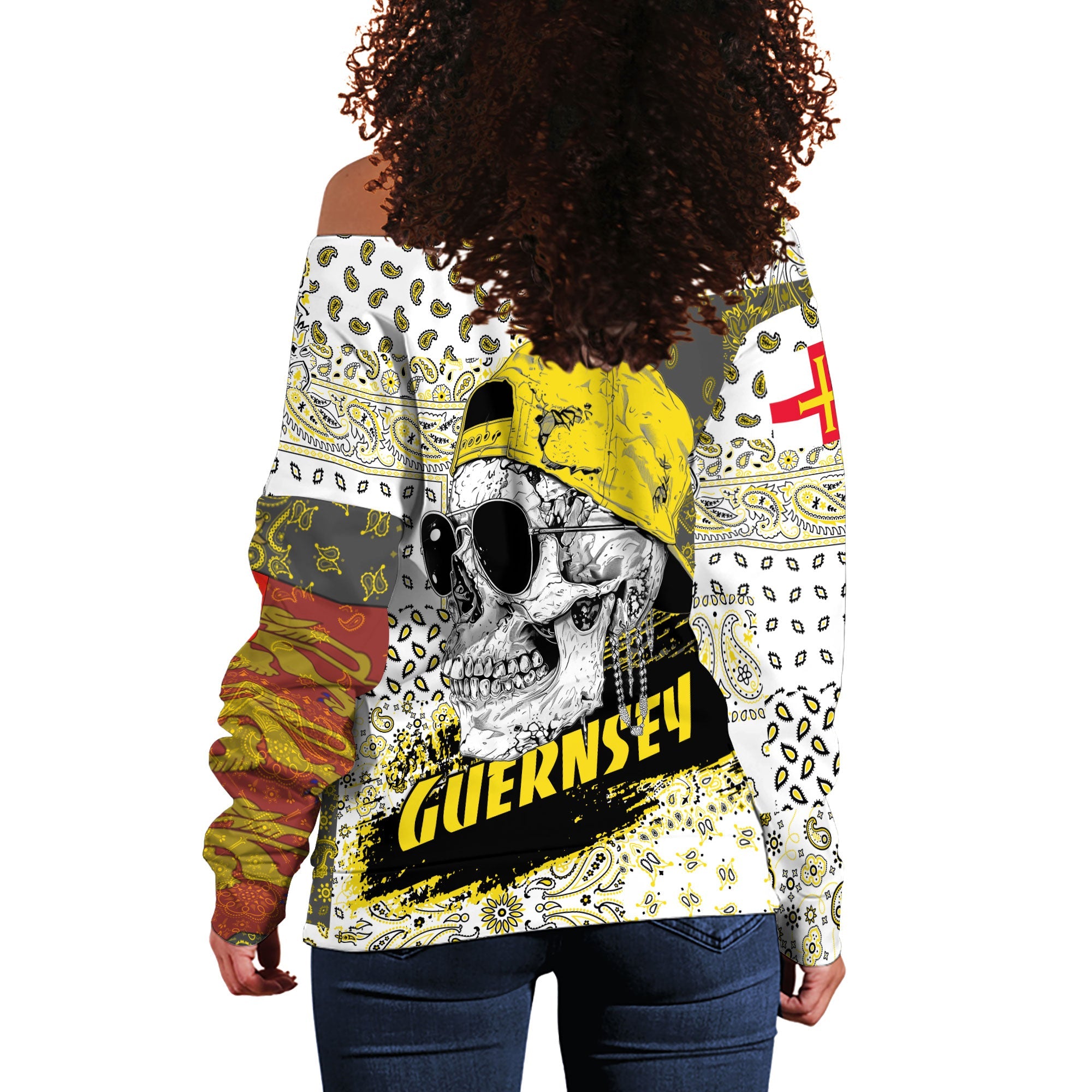 Guernsey Women Off Shoulder Sweatshirt Paisley Flag And Skull Style 3