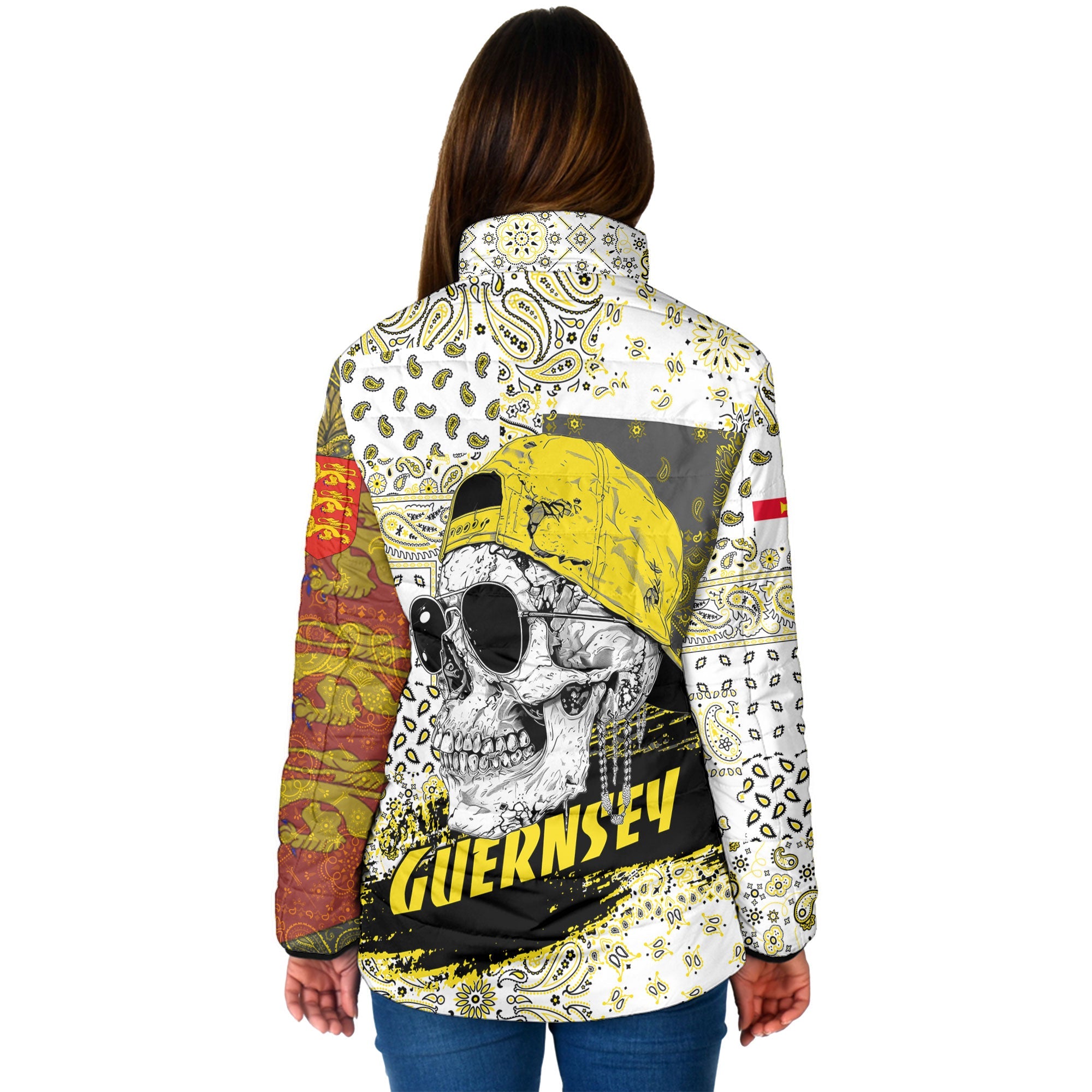 Guernsey Women Padded Jacket Paisley Flag And Skull Style 2