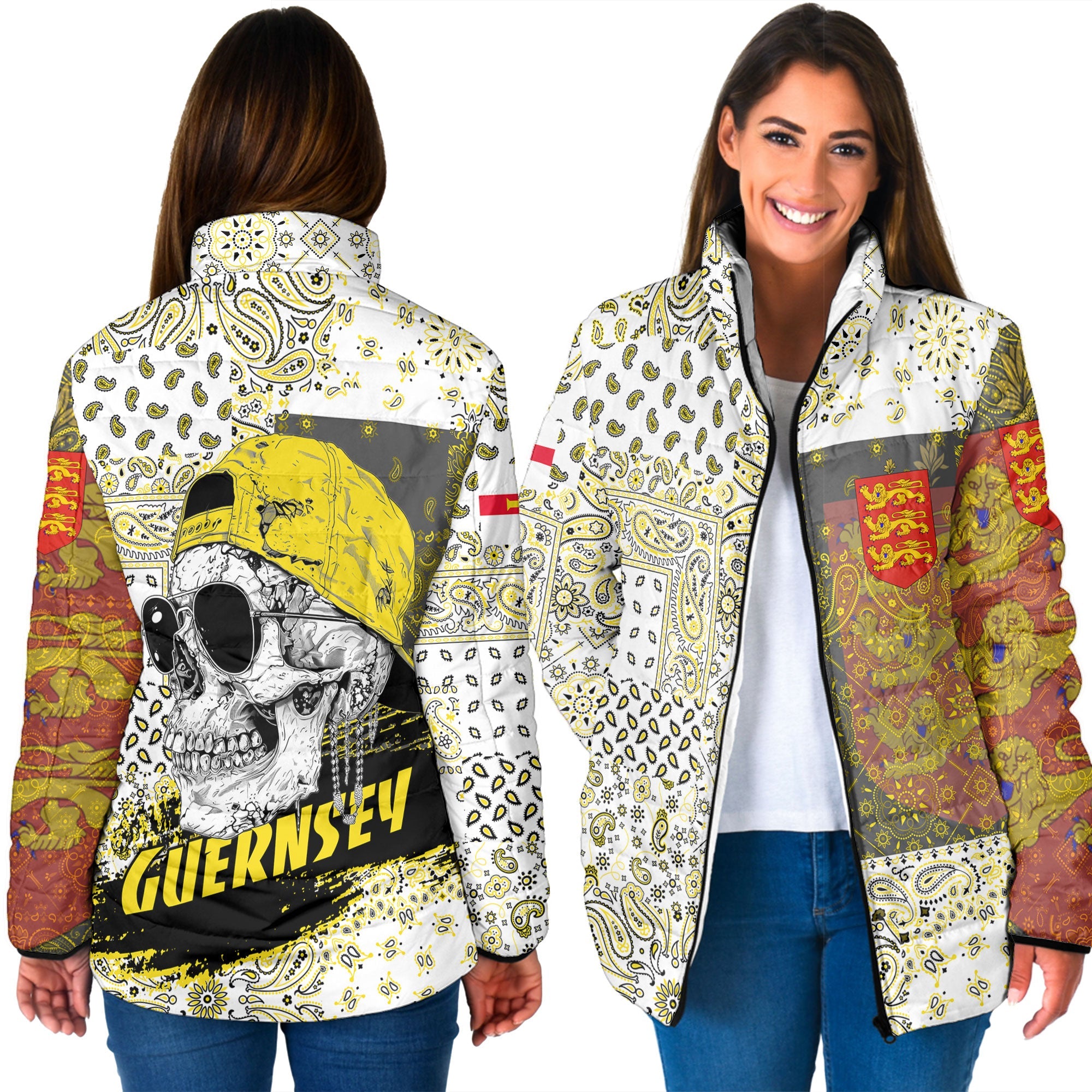 Guernsey Women Padded Jacket Paisley Flag And Skull Style 3