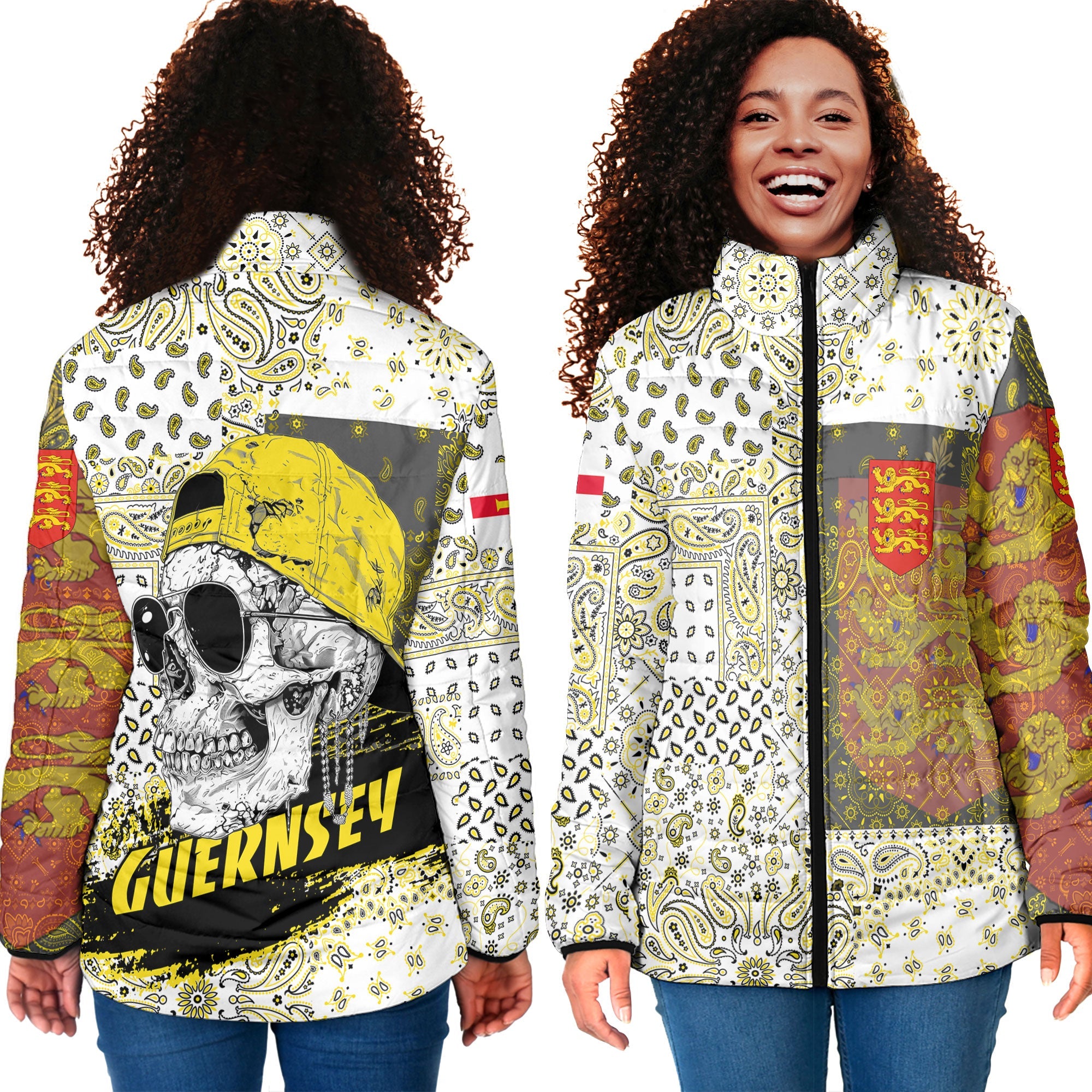 Guernsey Women Padded Jacket Paisley Flag And Skull Style 4