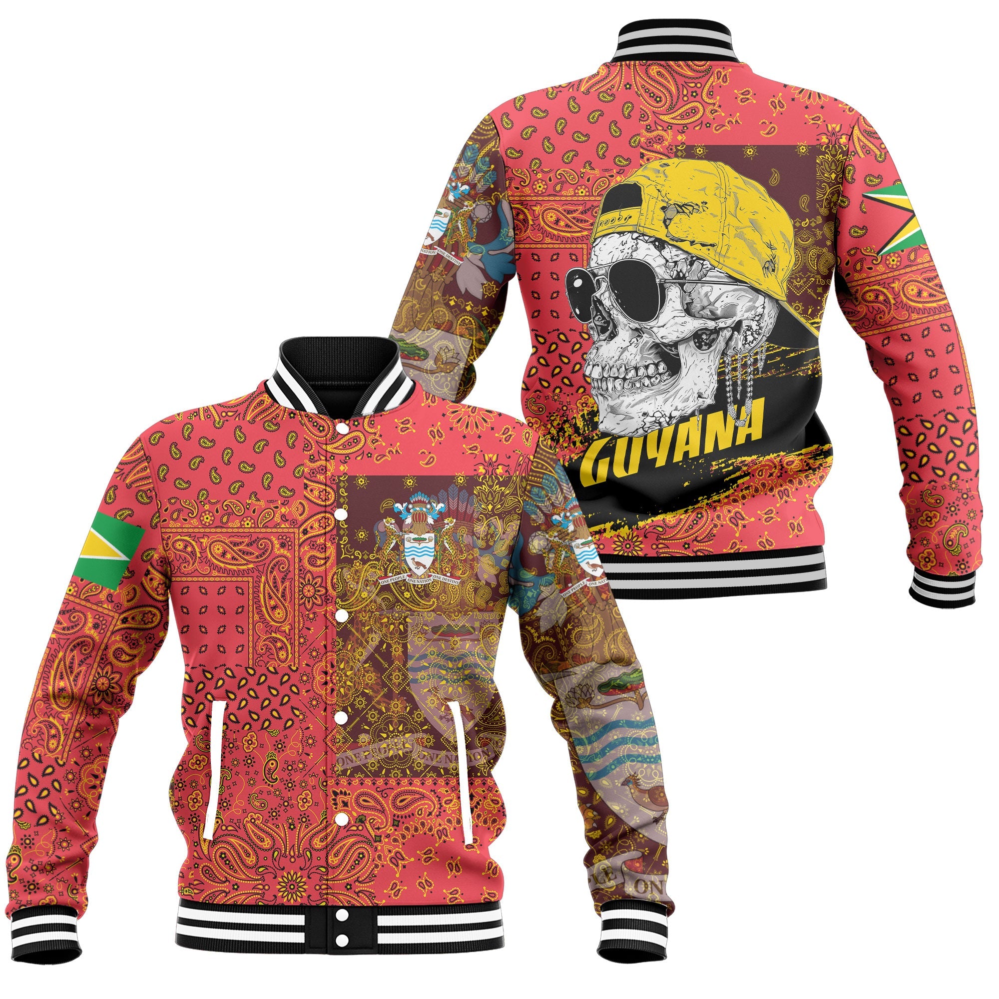 Guyana Baseball Jacket Paisley Flag And Skull Style 1