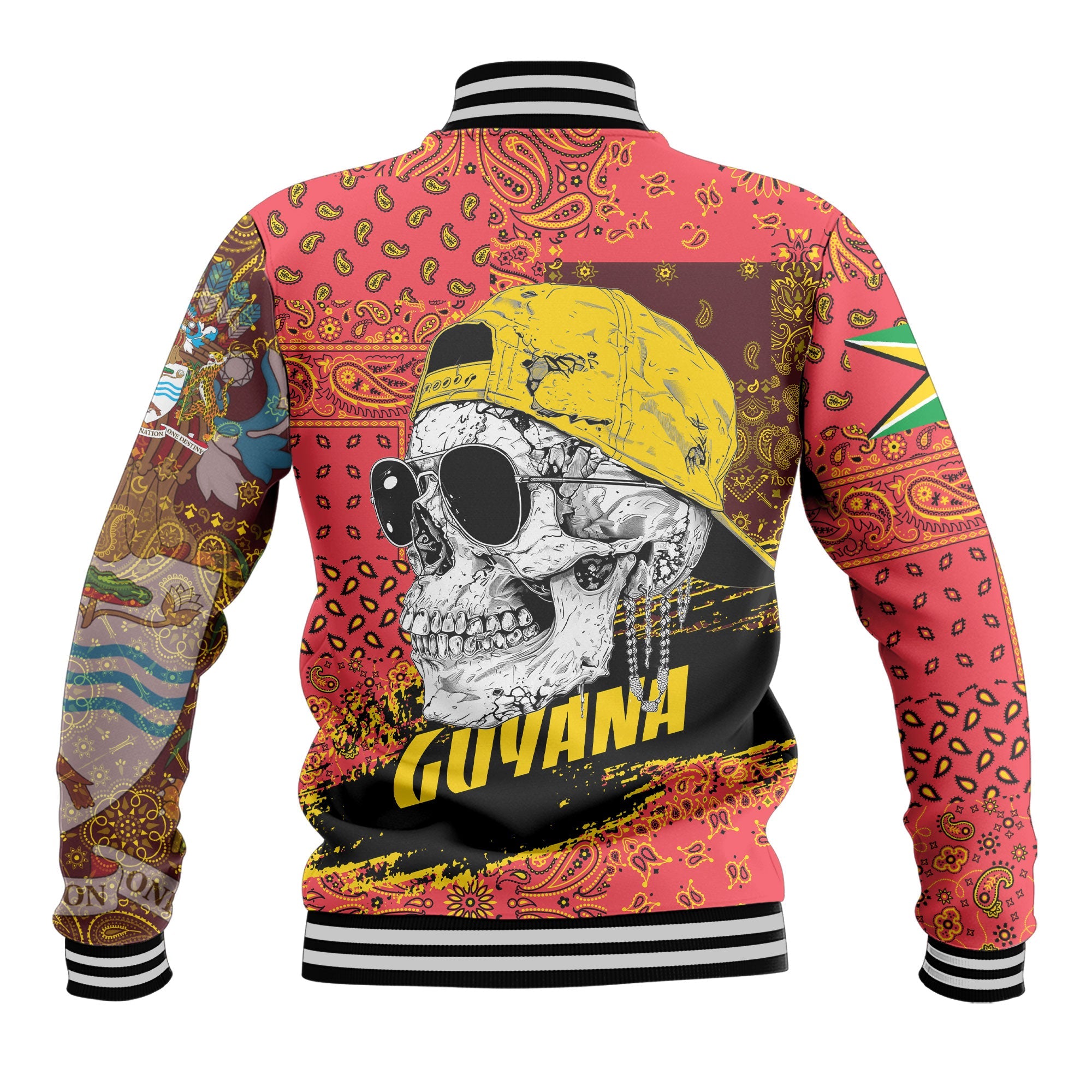 Guyana Baseball Jacket Paisley Flag And Skull Style 3