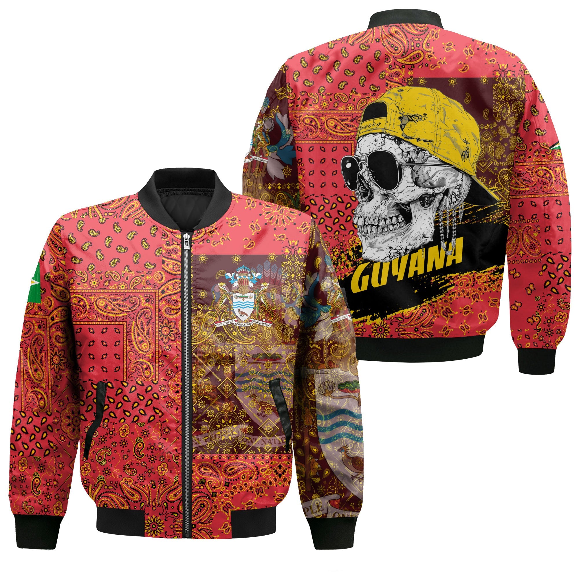 Guyana Bomber Jacket Paisley Flag And Skull Style 1