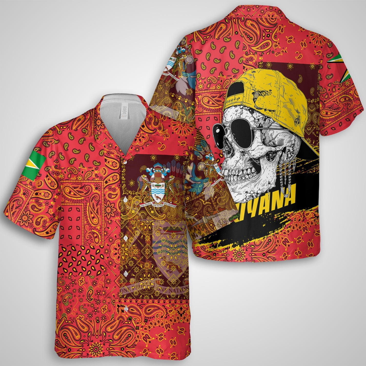 Guyana Hawaiian Shirt Paisley Flag And Skull Style 1