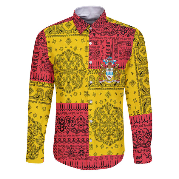 Guyana Long Sleeve Button Shirt Flag And Paisley Basic Style 1