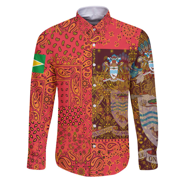 Guyana Long Sleeve Button Shirt Paisley Flag And Skull Style 1