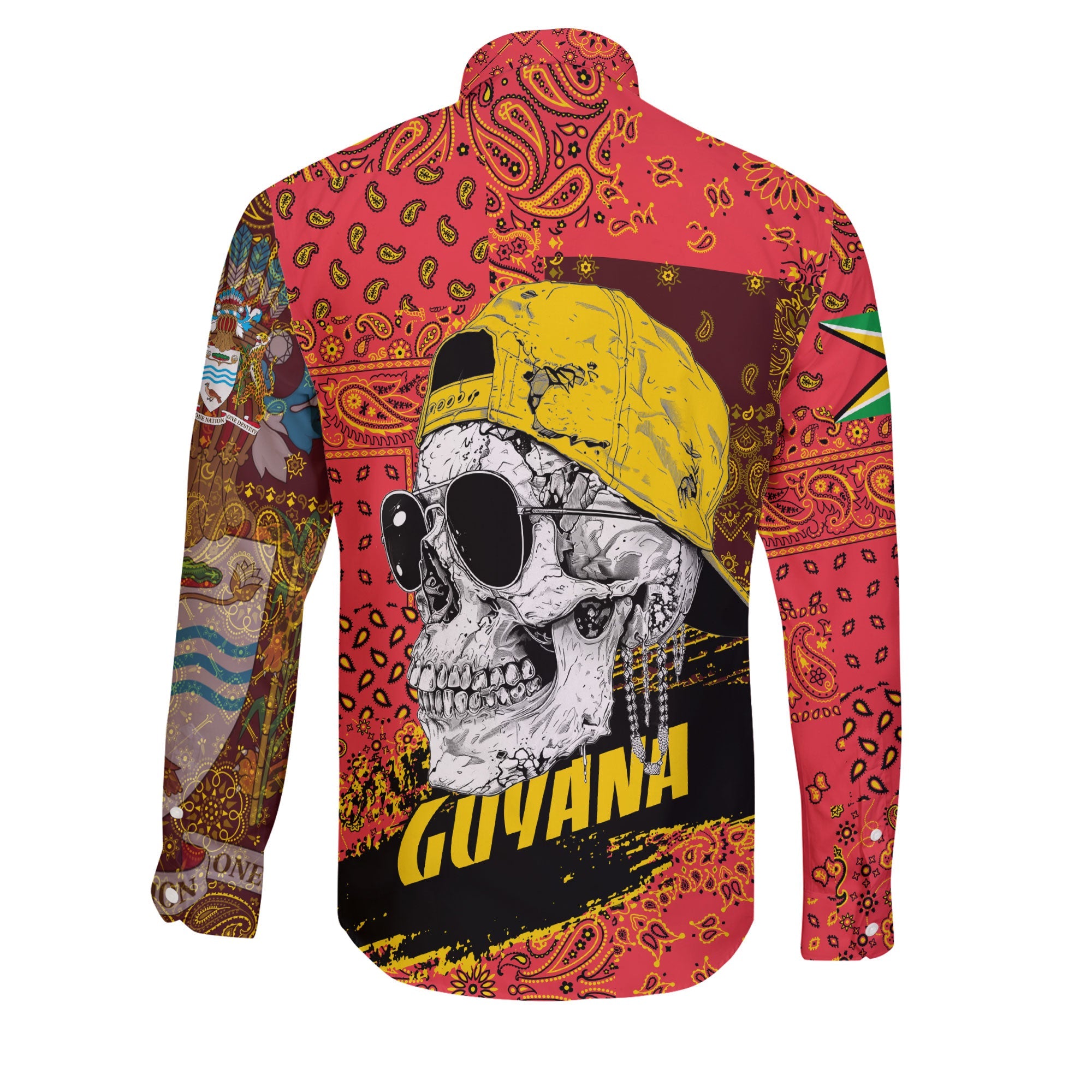 Guyana Long Sleeve Button Shirt Paisley Flag And Skull Style 2