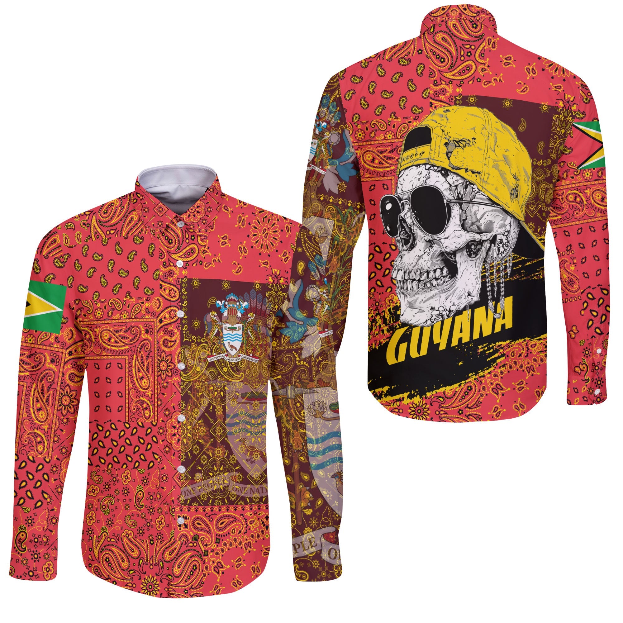 Guyana Long Sleeve Button Shirt Paisley Flag And Skull Style 3