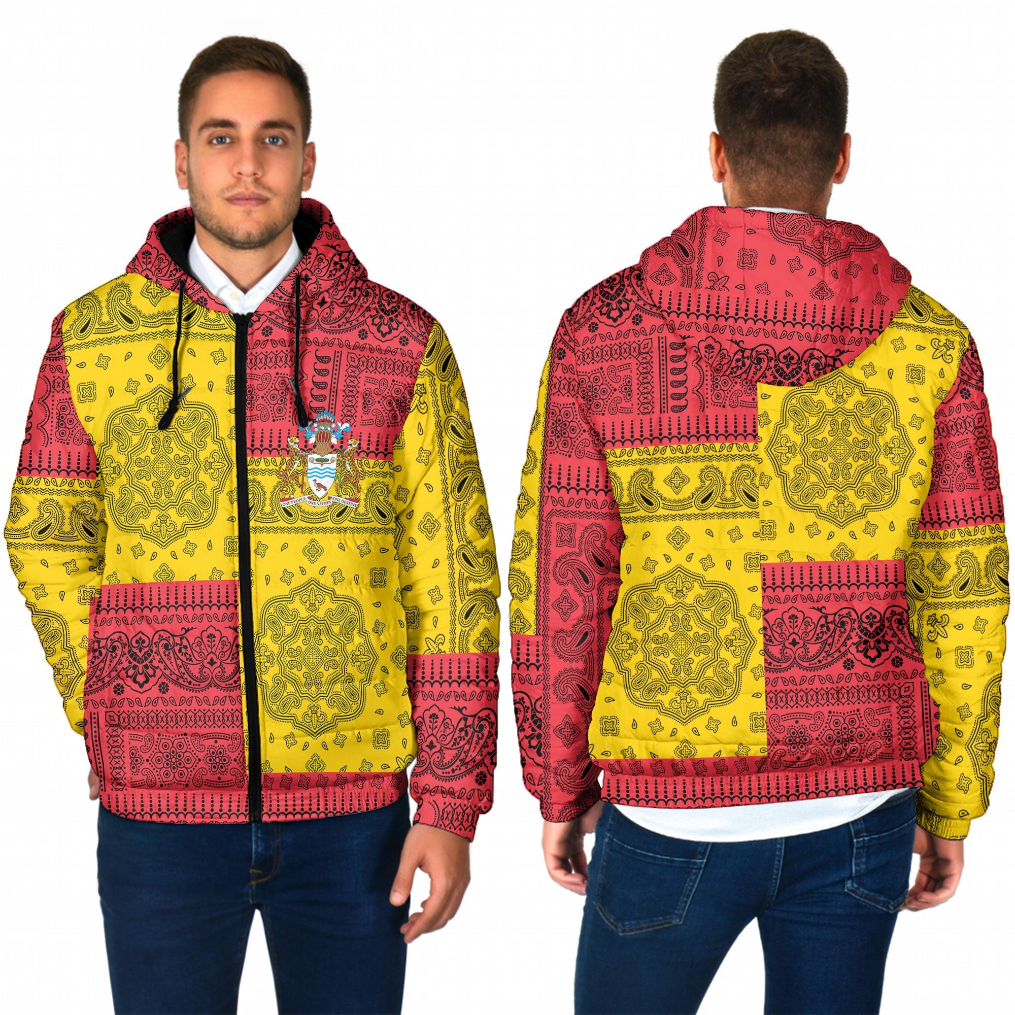 Guyana Men Hooded Padded Jacket Flag And Paisley Basic Style 1