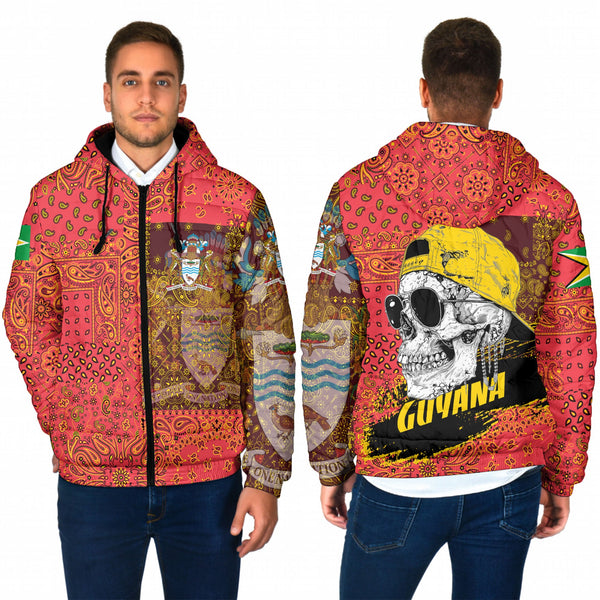 Guyana Men Hooded Padded Jacket Paisley Flag And Skull Style 1