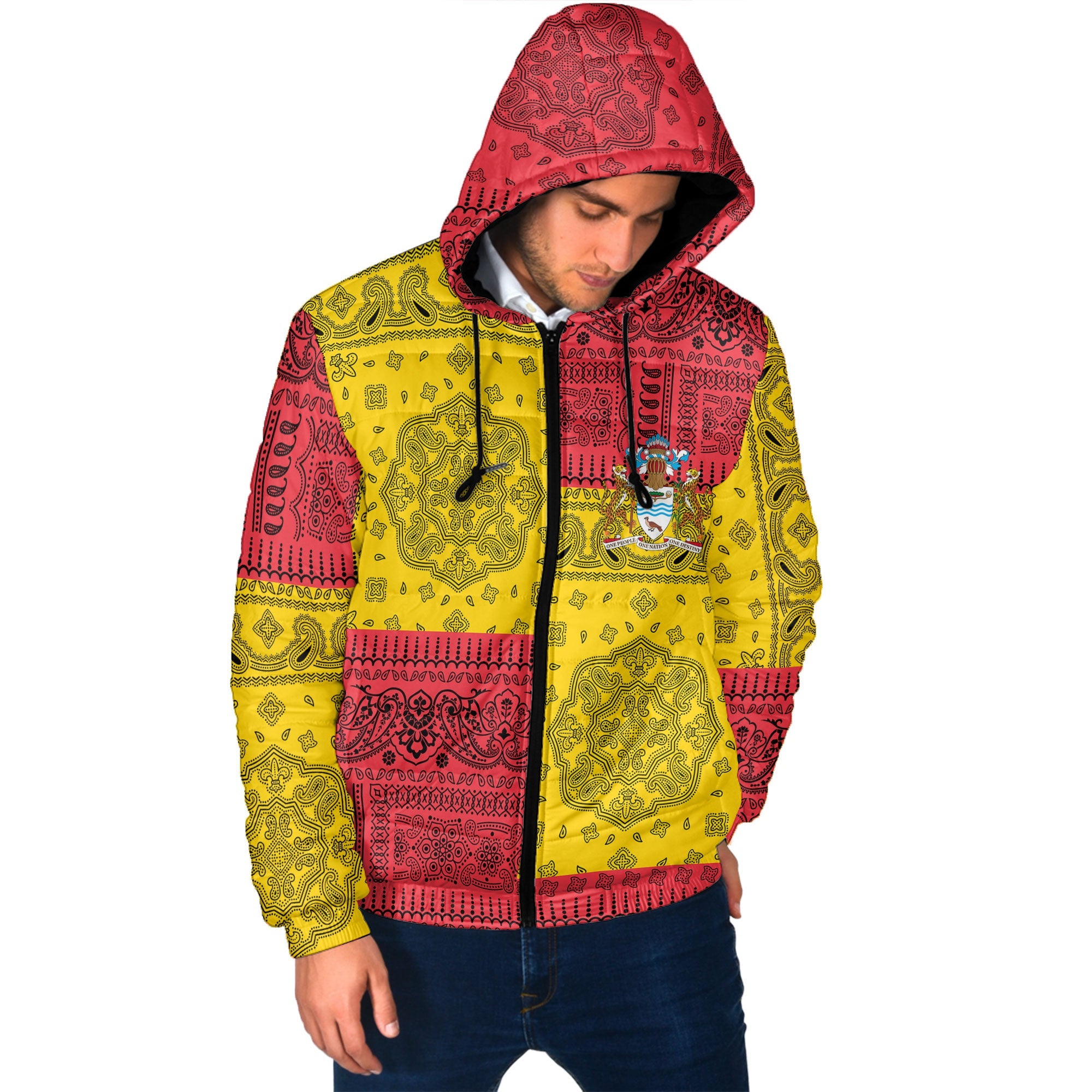 Guyana Men Hooded Padded Jacket Flag And Paisley Basic Style 2