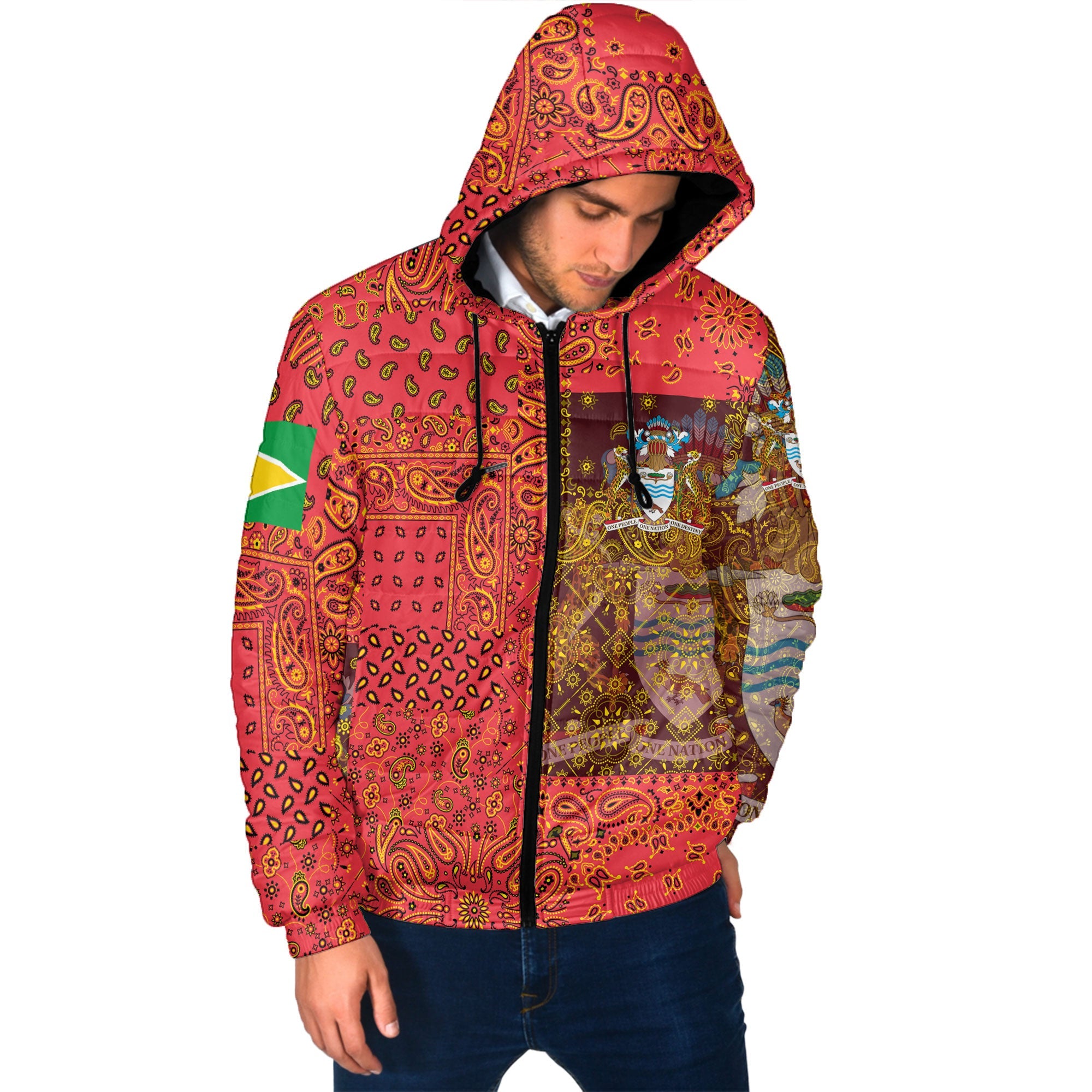 Guyana Men Hooded Padded Jacket Paisley Flag And Skull Style 2