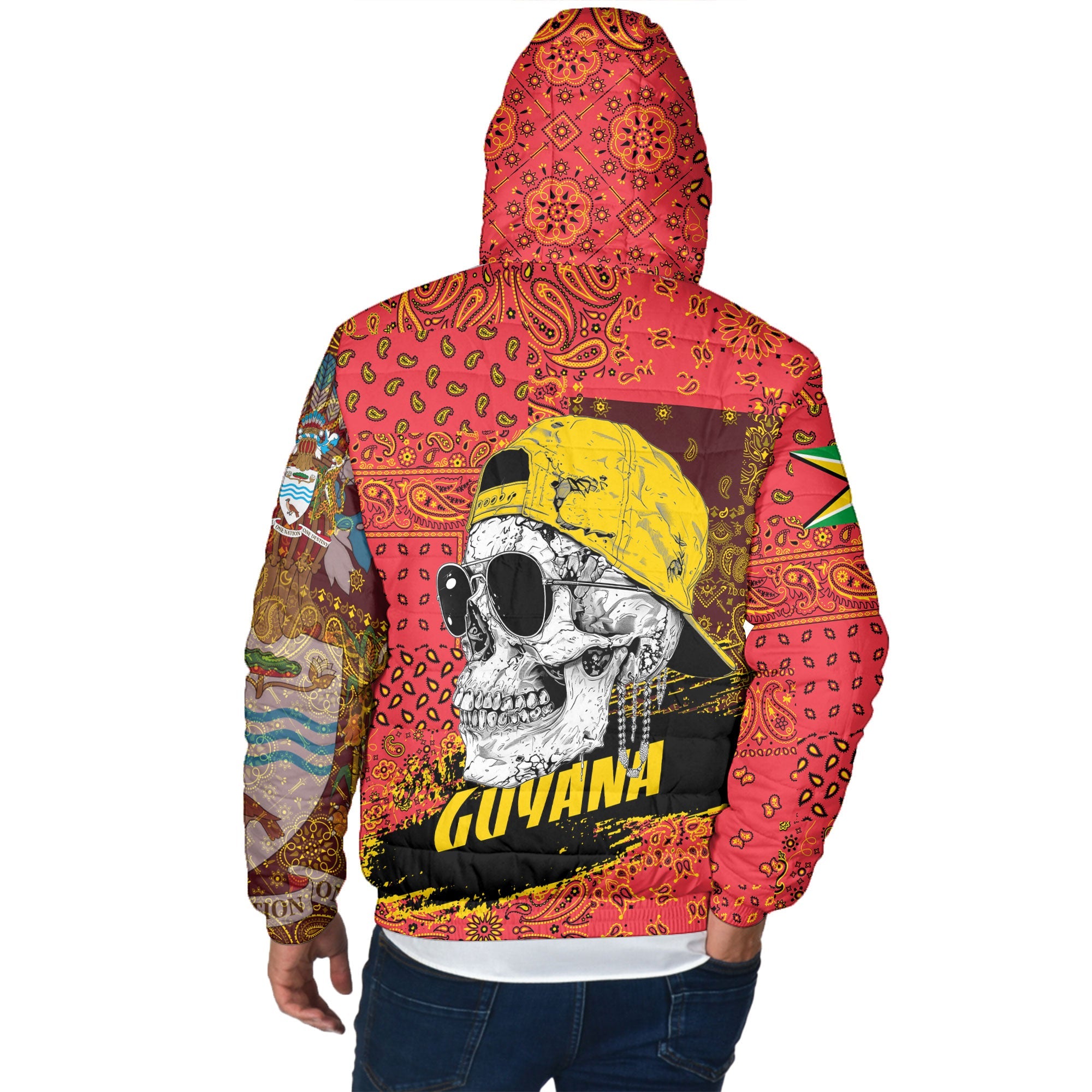 Guyana Men Hooded Padded Jacket Paisley Flag And Skull Style 3