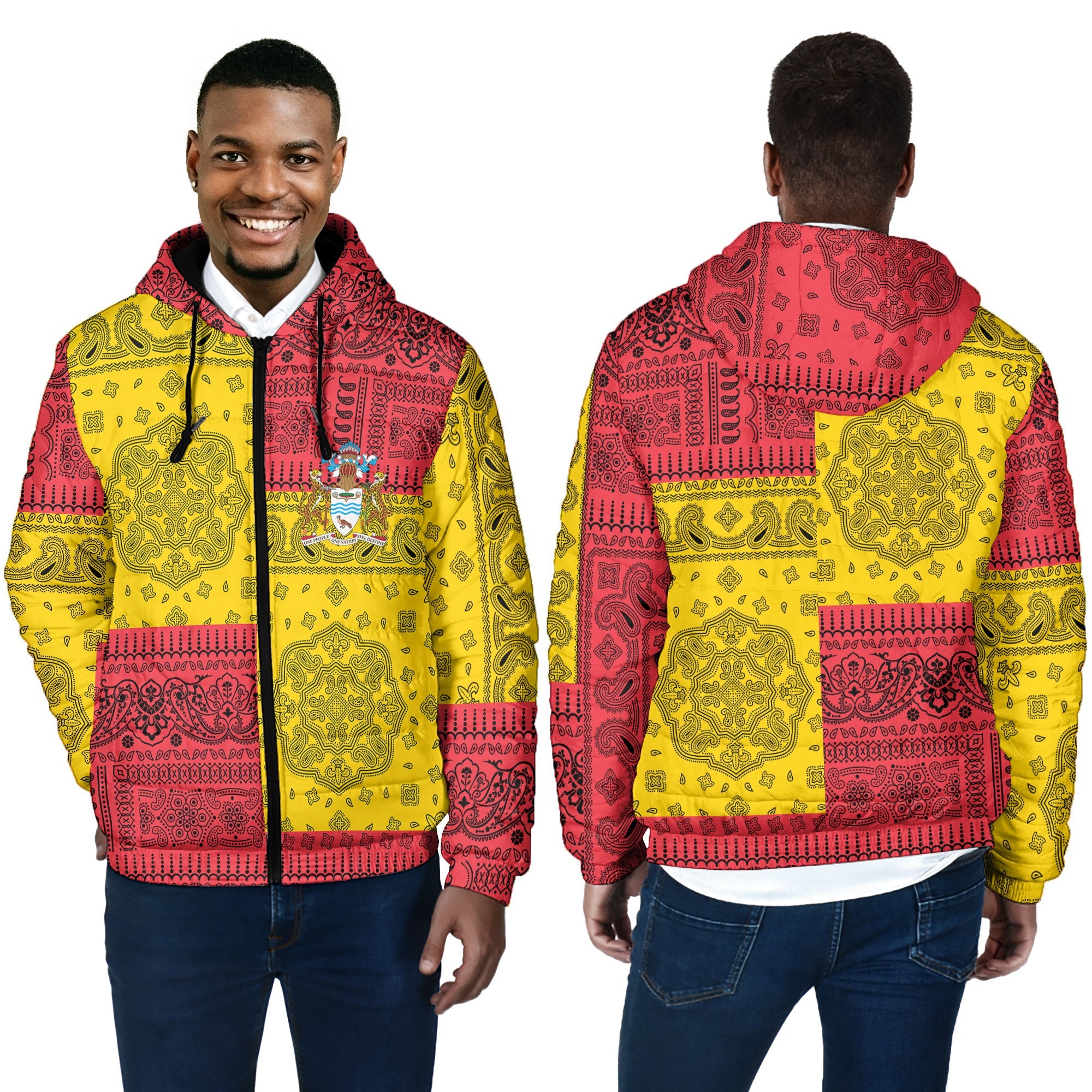 Guyana Men Hooded Padded Jacket Flag And Paisley Basic Style 4