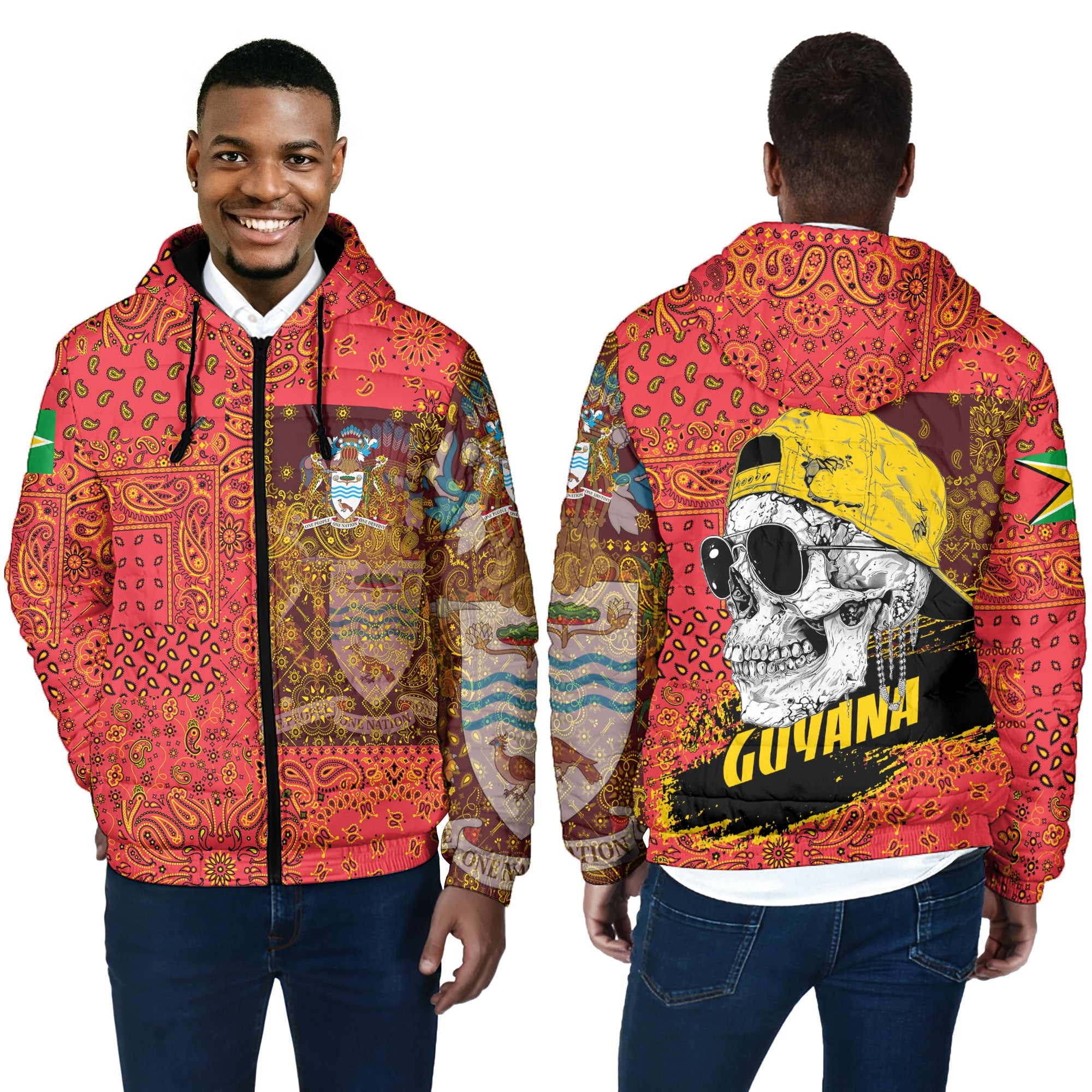 Guyana Men Hooded Padded Jacket Paisley Flag And Skull Style 4