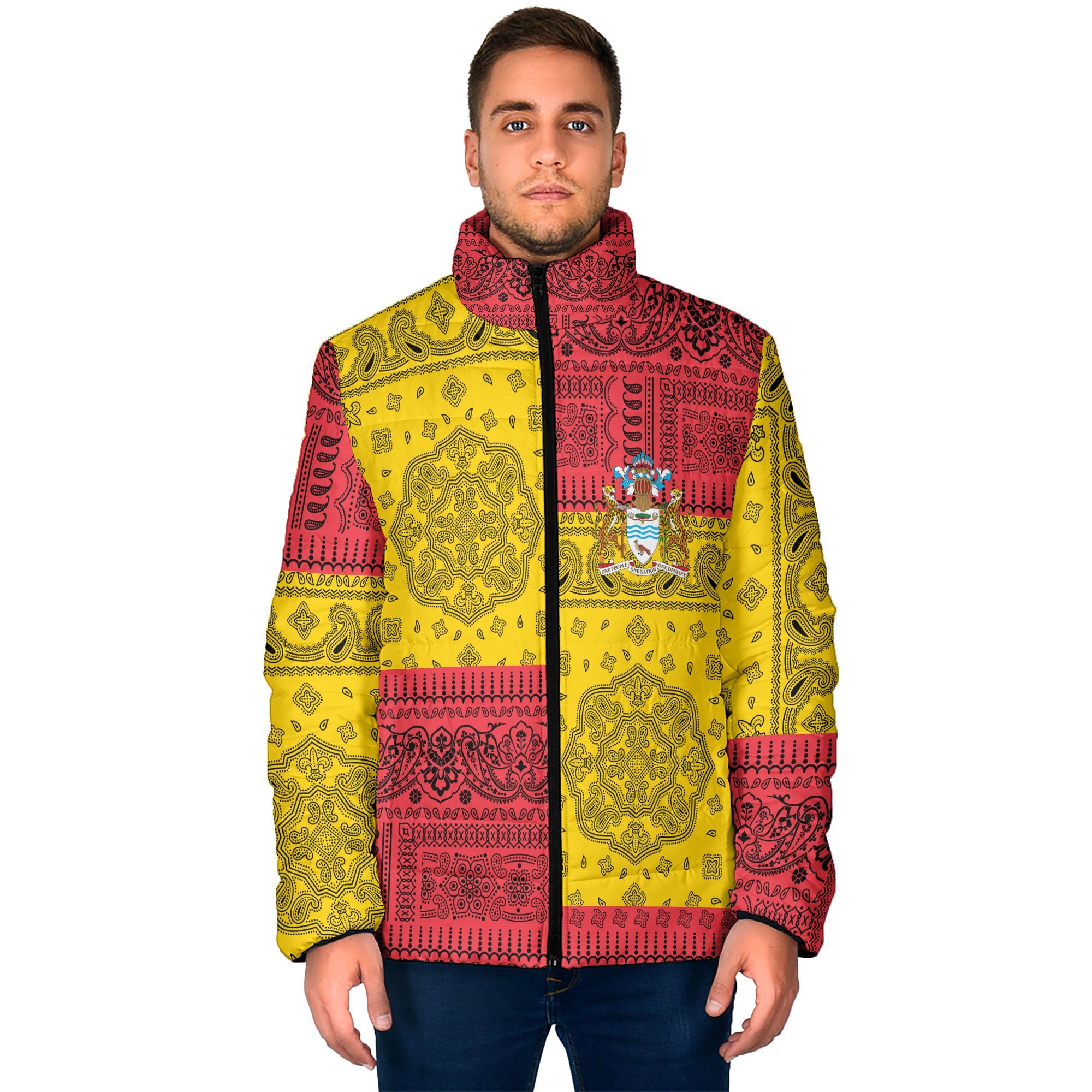 Guyana Men Padded Jacket Flag And Paisley Basic Style 1