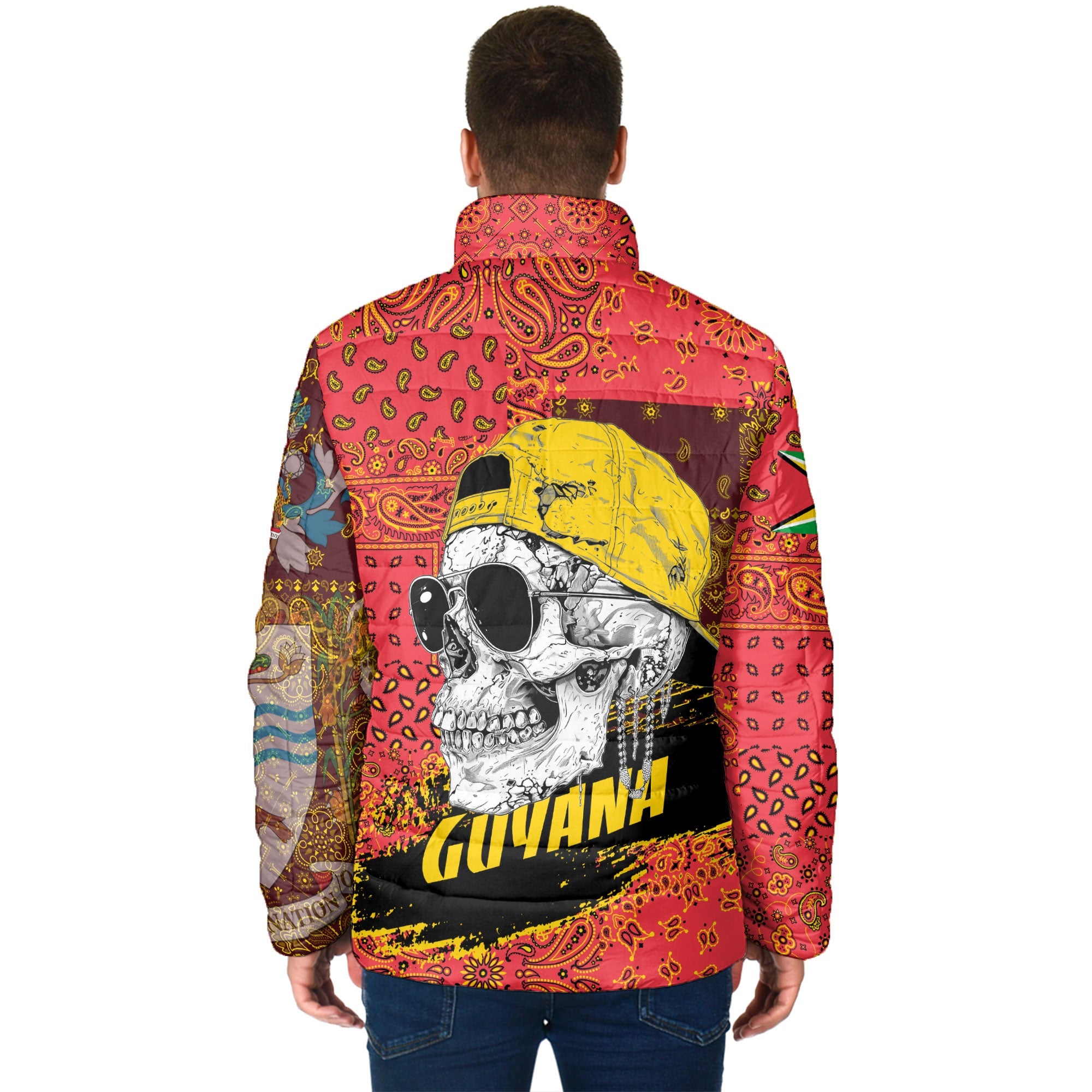 Guyana Men Padded Jacket Paisley Flag And Skull Style 2