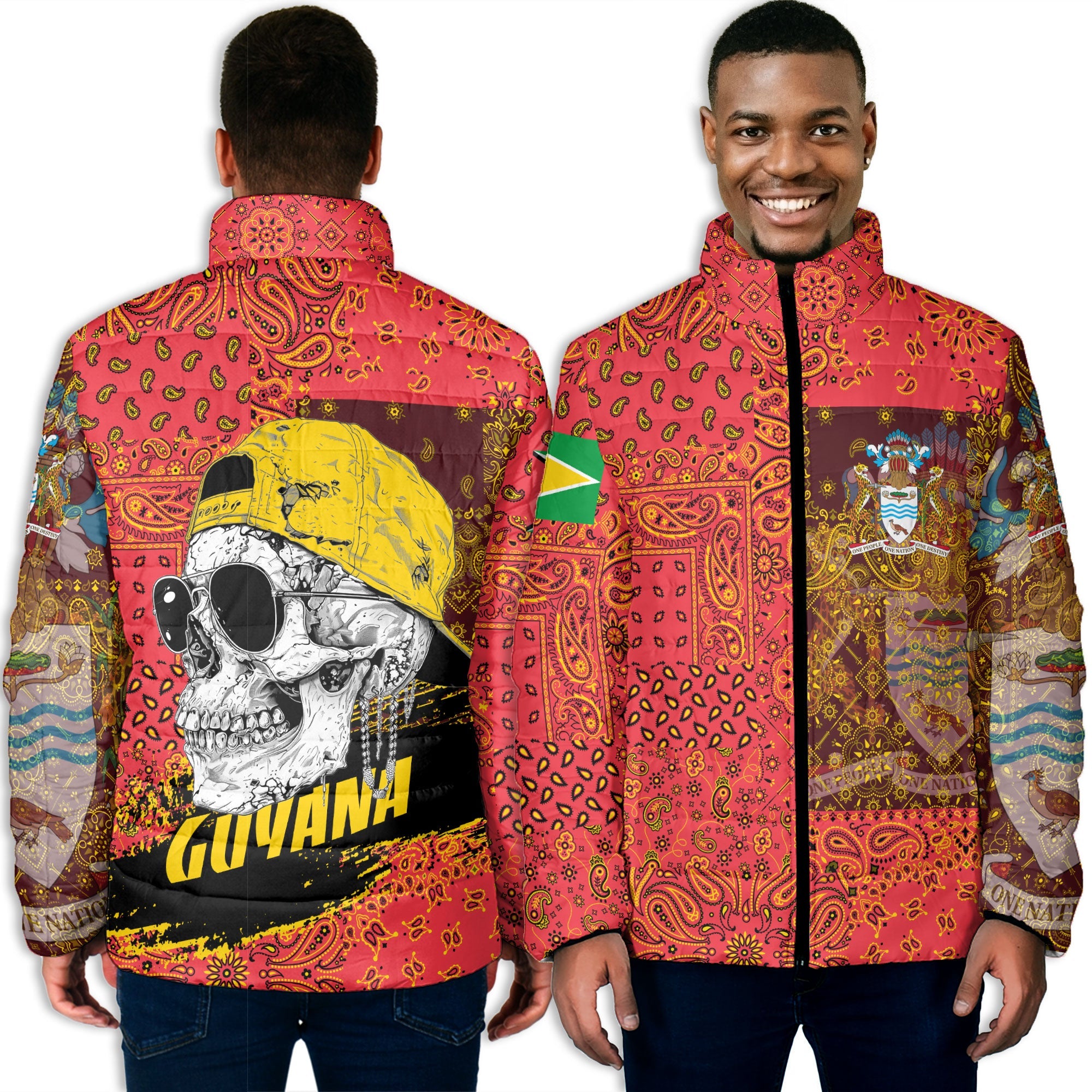 Guyana Men Padded Jacket Paisley Flag And Skull Style 3