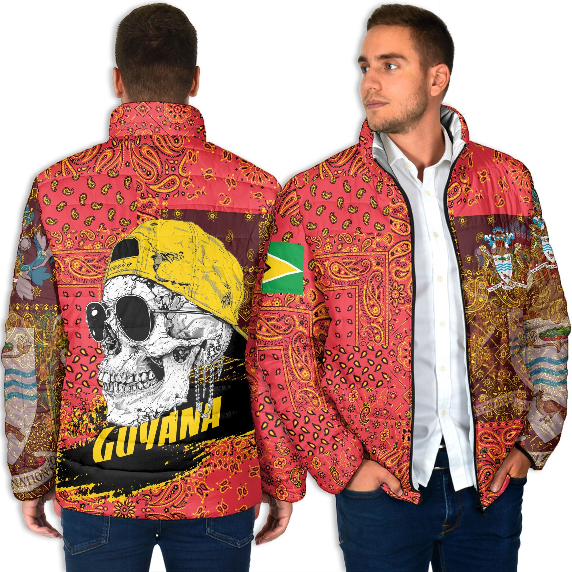 Guyana Men Padded Jacket Paisley Flag And Skull Style 4