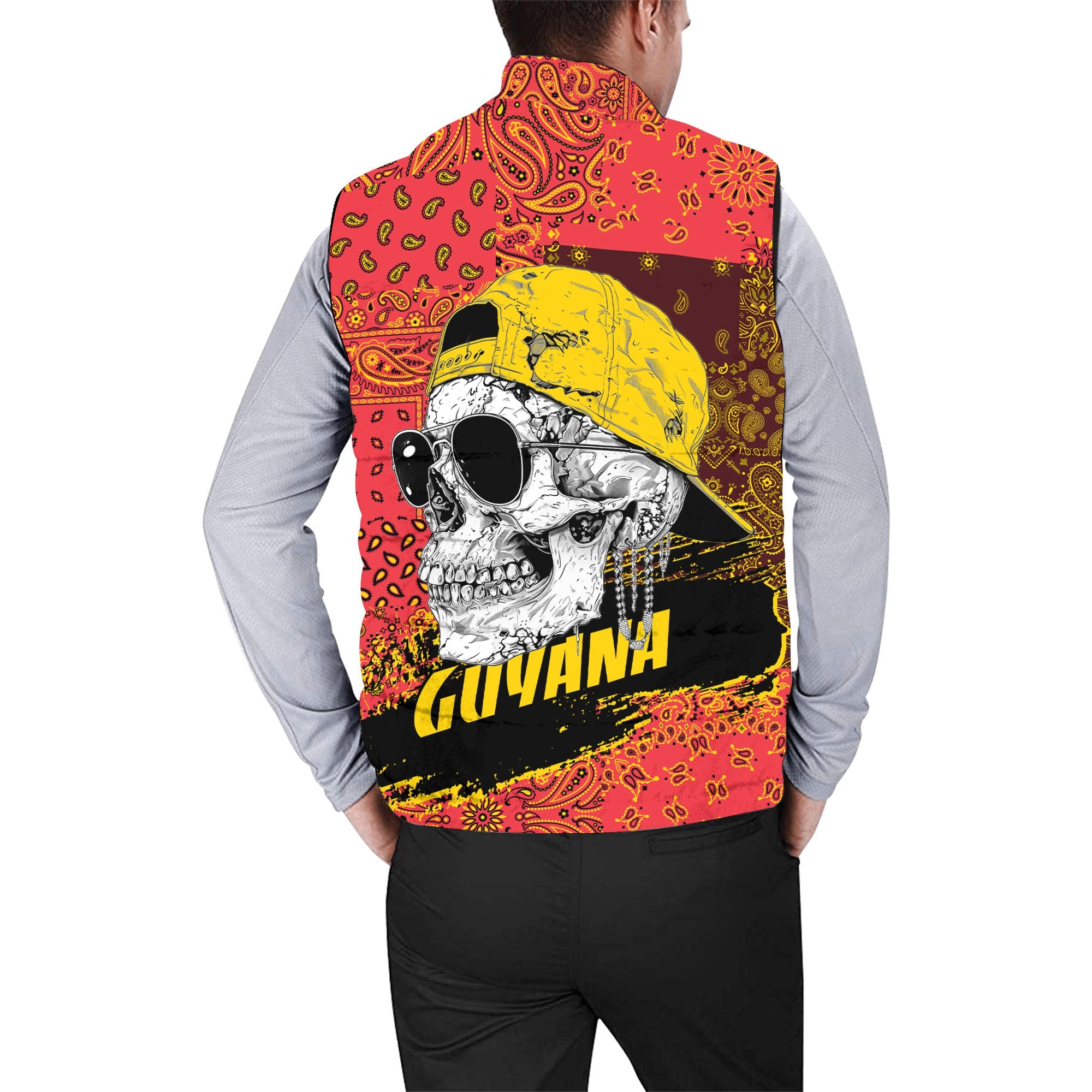 Guyana Men Padded Jacket Vest Paisley Flag And Skull Style 2