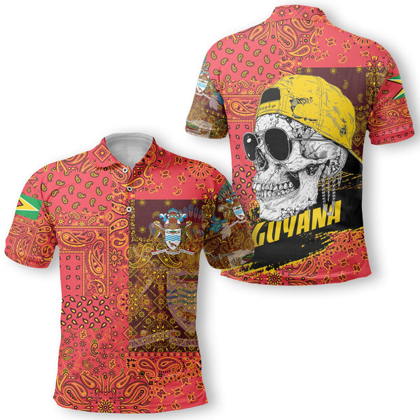 Guyana Polo Shirt Paisley Flag And Skull Style 1