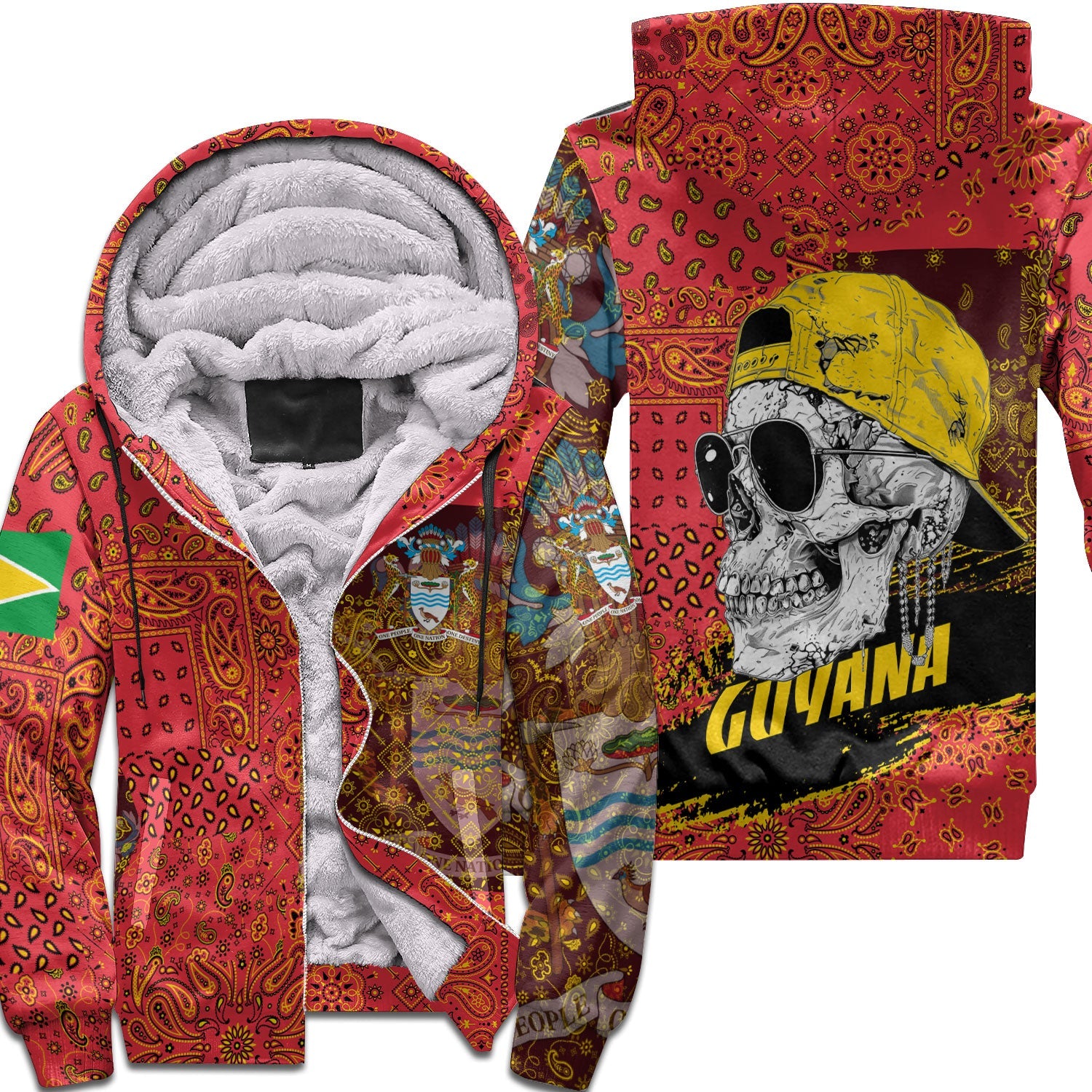 Guyana Sherpa Hoodie Paisley Flag And Skull Style 1