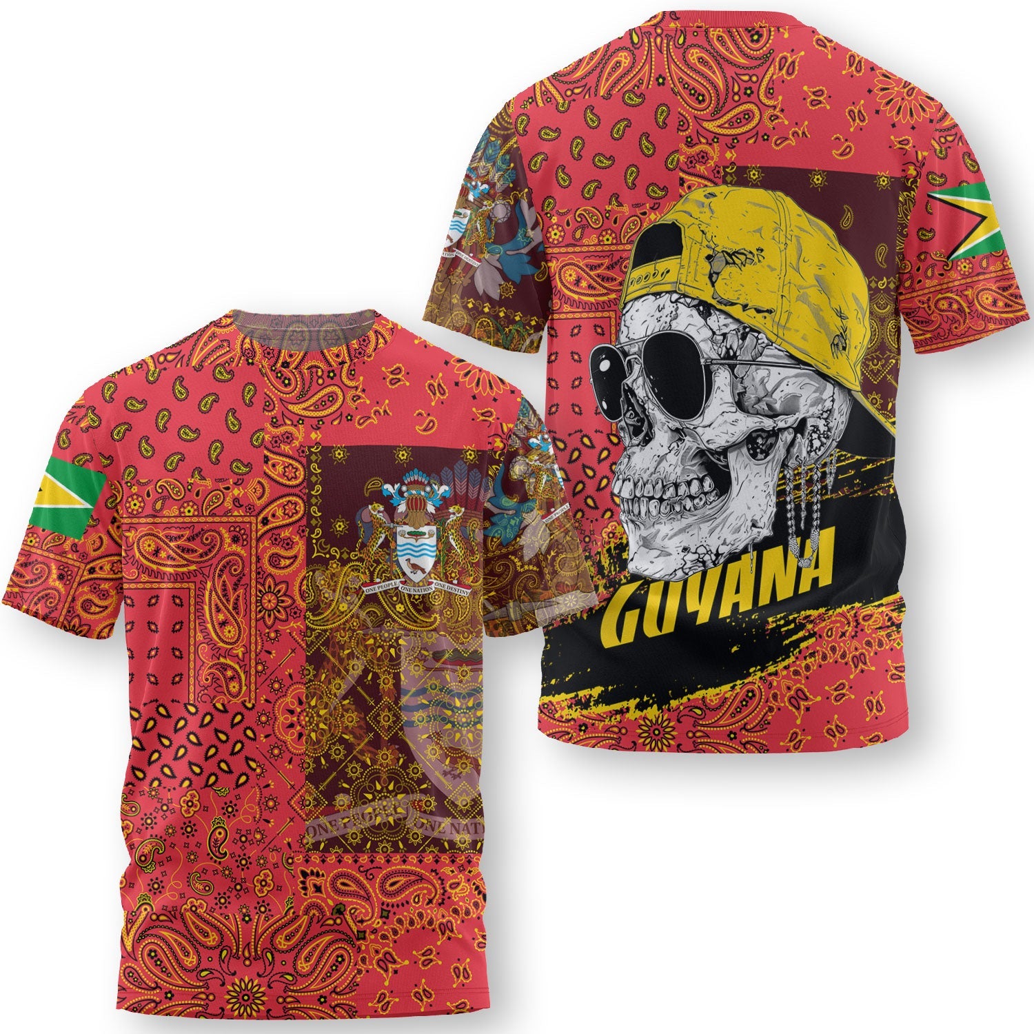 Guyana T Shirt Paisley Flag And Skull Style 3