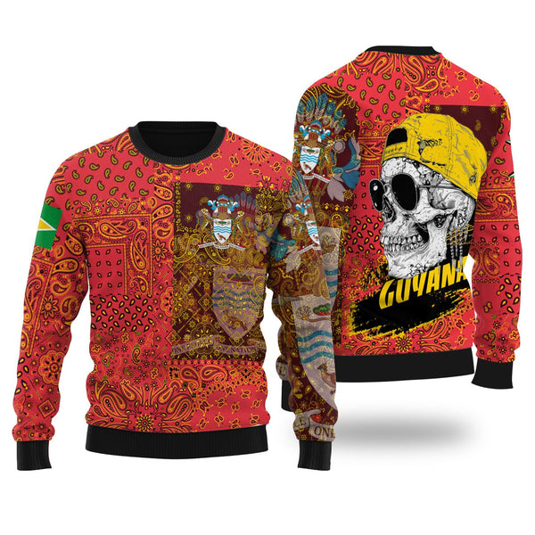 Guyana Ugly Sweater Paisley Flag And Skull Style 1