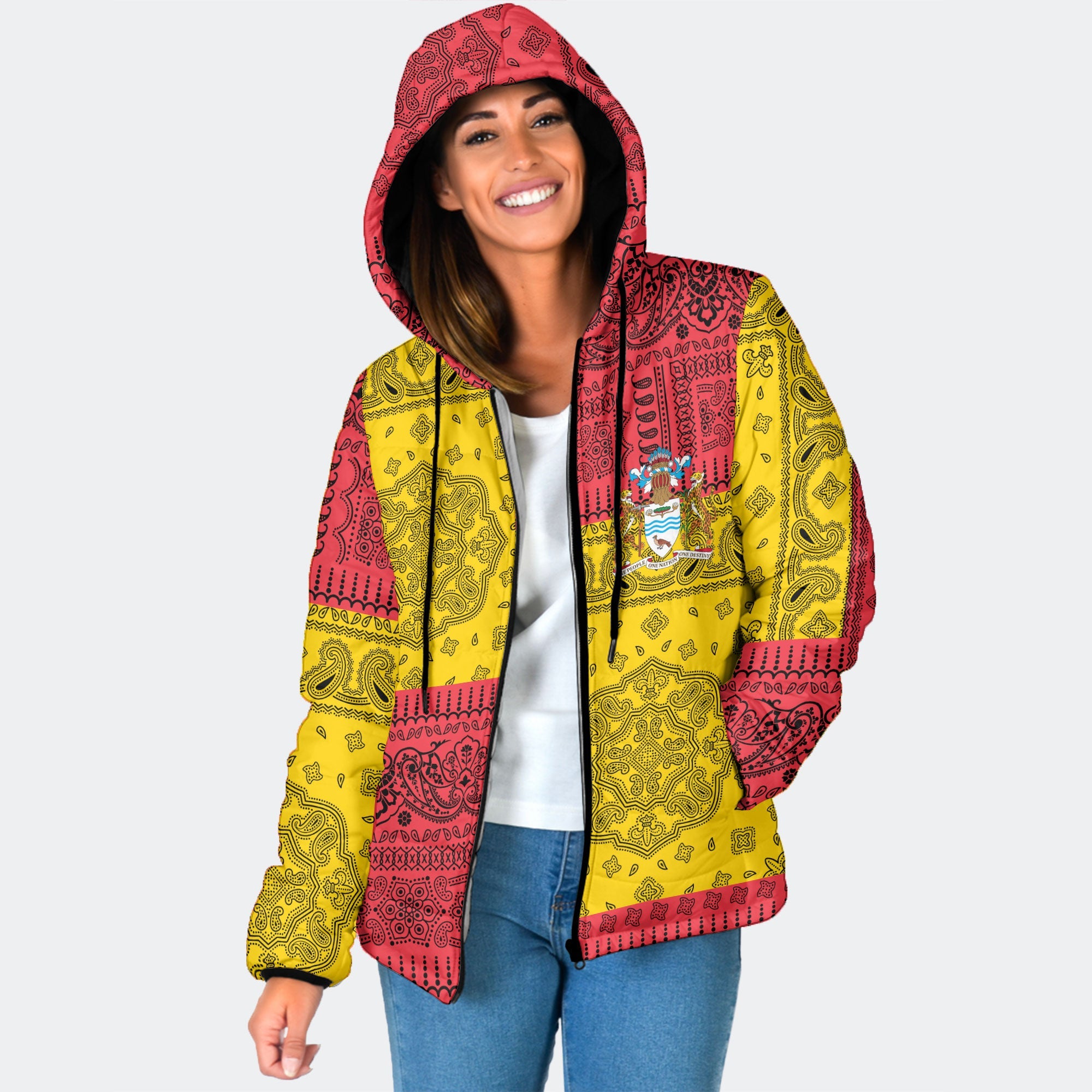 Guyana Women Hooded Padded Jacket Flag And Paisley Basic Style 1