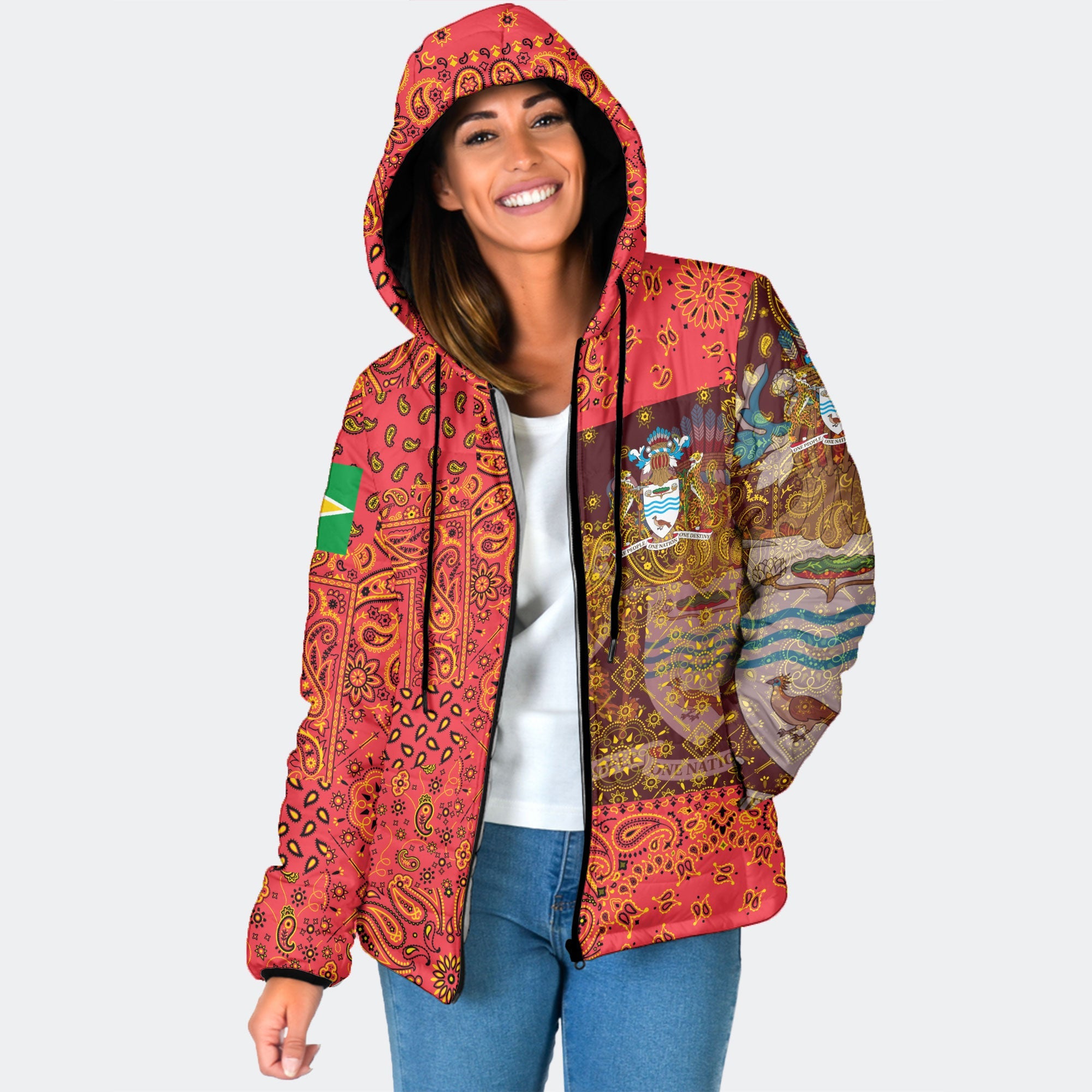 Guyana Women Hooded Padded Jacket Paisley Flag And Skull Style 1