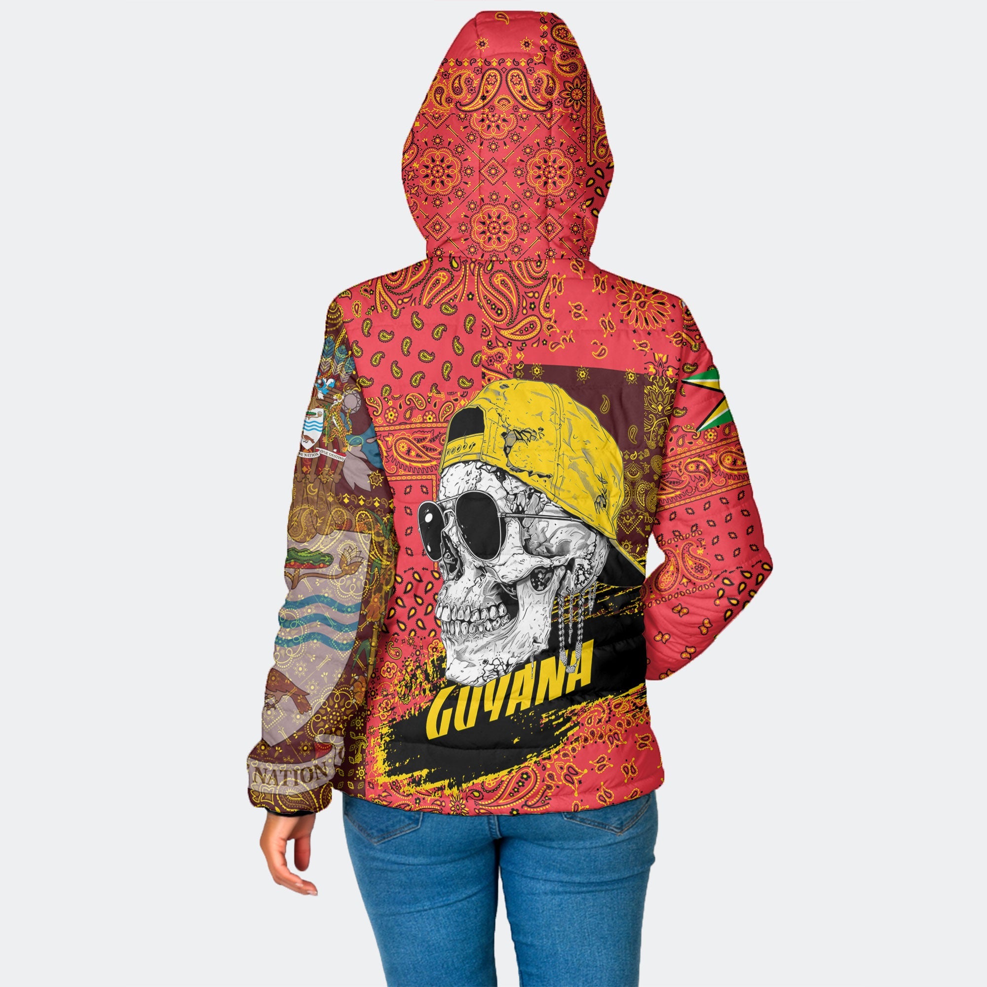 Guyana Women Hooded Padded Jacket Paisley Flag And Skull Style 2