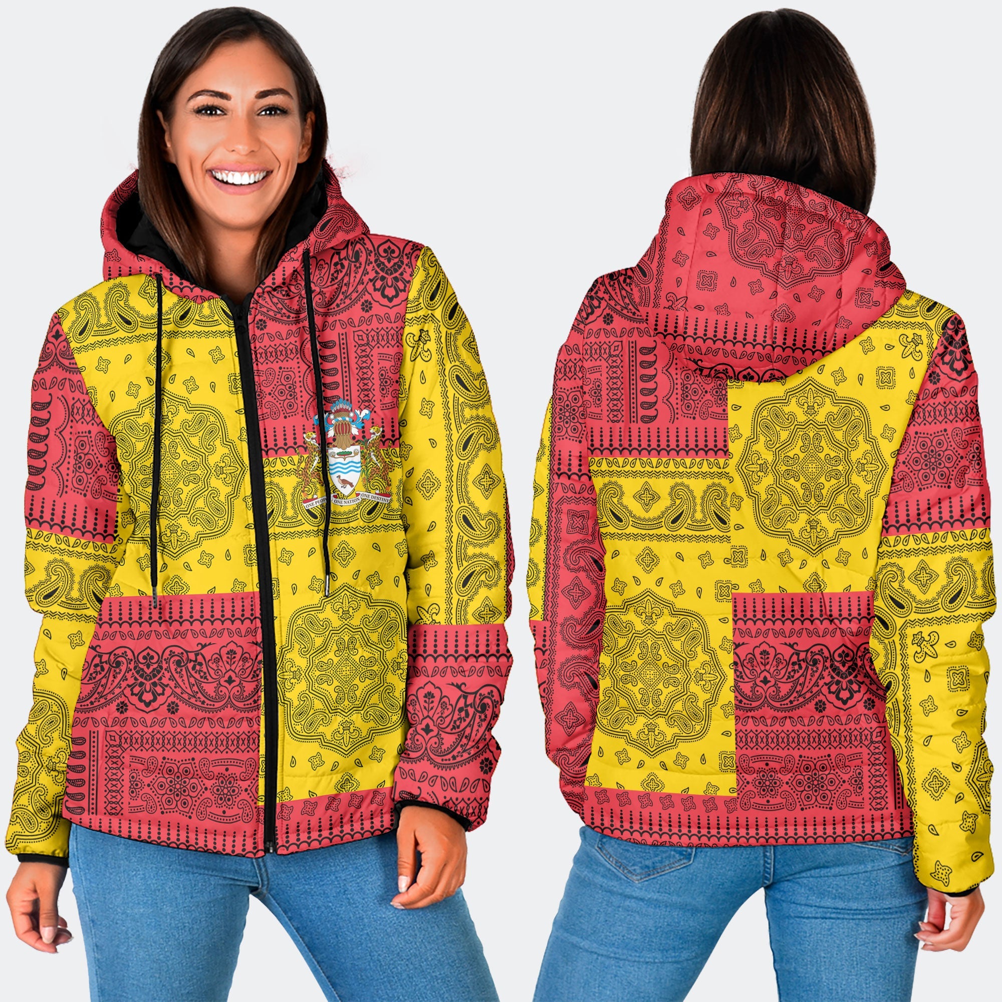 Guyana Women Hooded Padded Jacket Flag And Paisley Basic Style 3