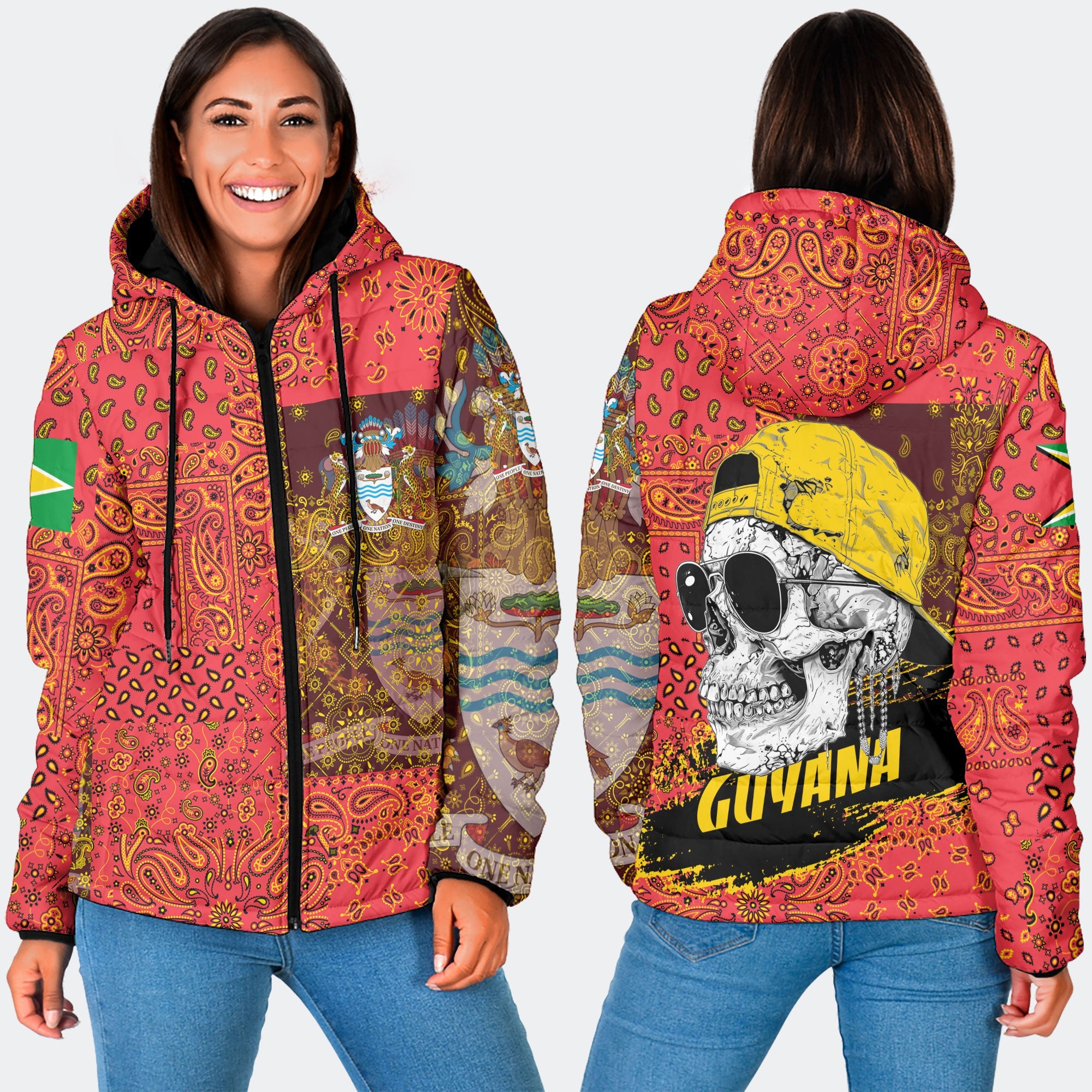 Guyana Women Hooded Padded Jacket Paisley Flag And Skull Style 3