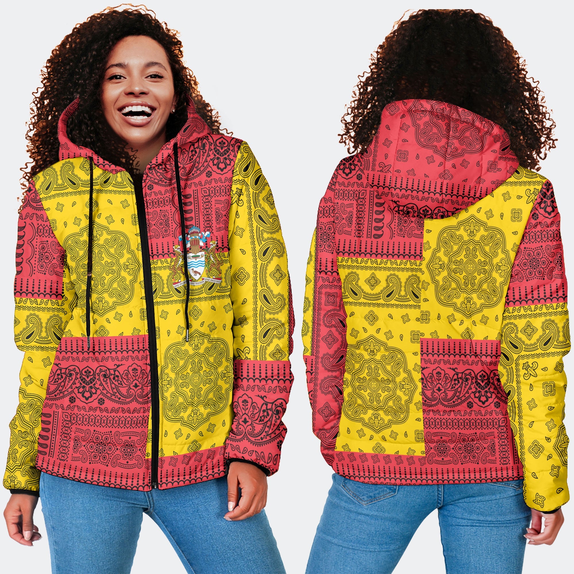 Guyana Women Hooded Padded Jacket Flag And Paisley Basic Style 4