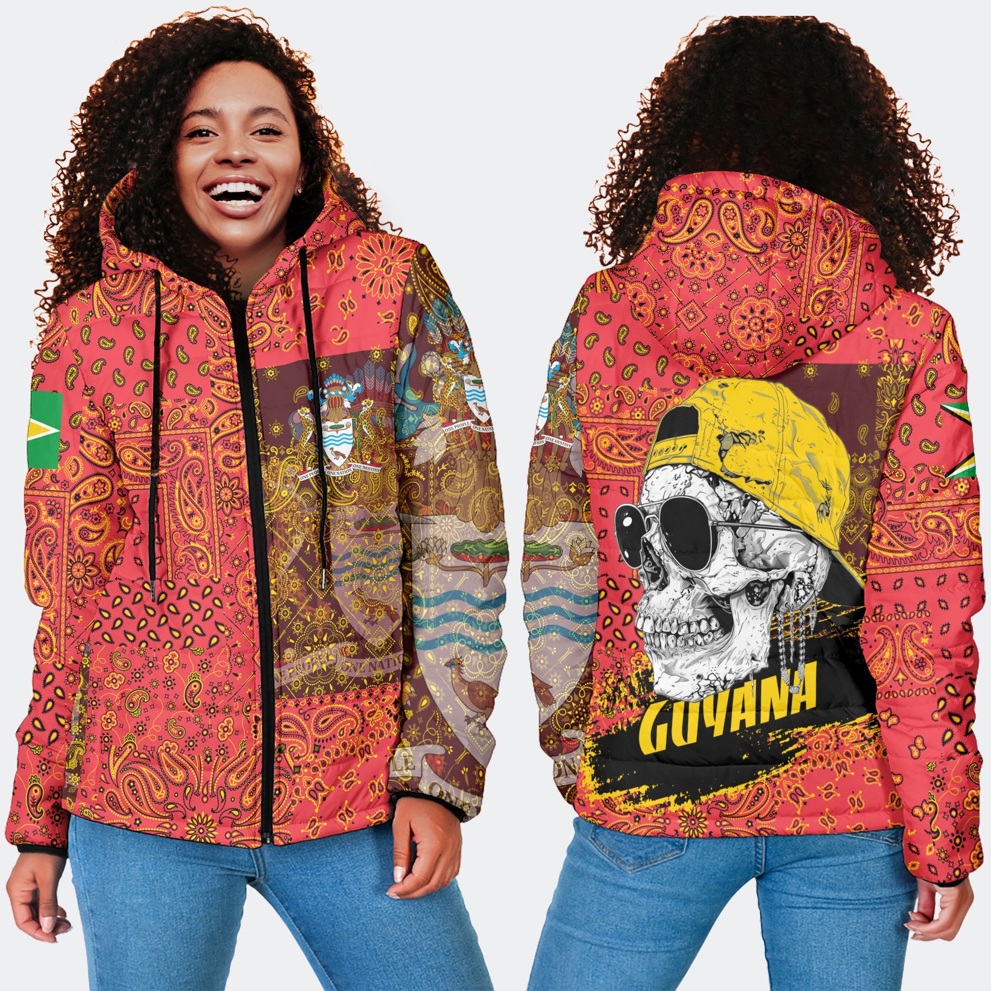 Guyana Women Hooded Padded Jacket Paisley Flag And Skull Style 4