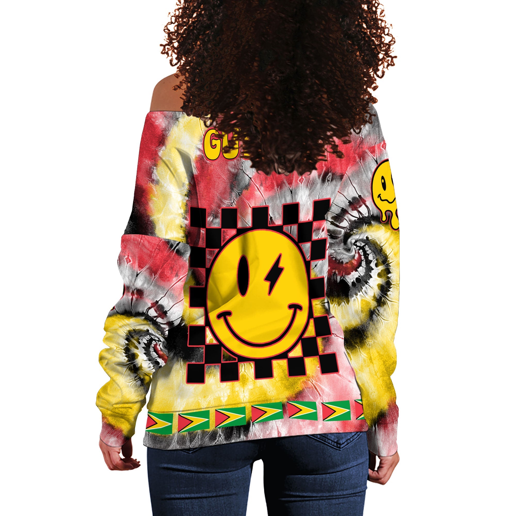 Guyana Women Off Shoulder Sweatshirt Custom Tie Dye Style 1