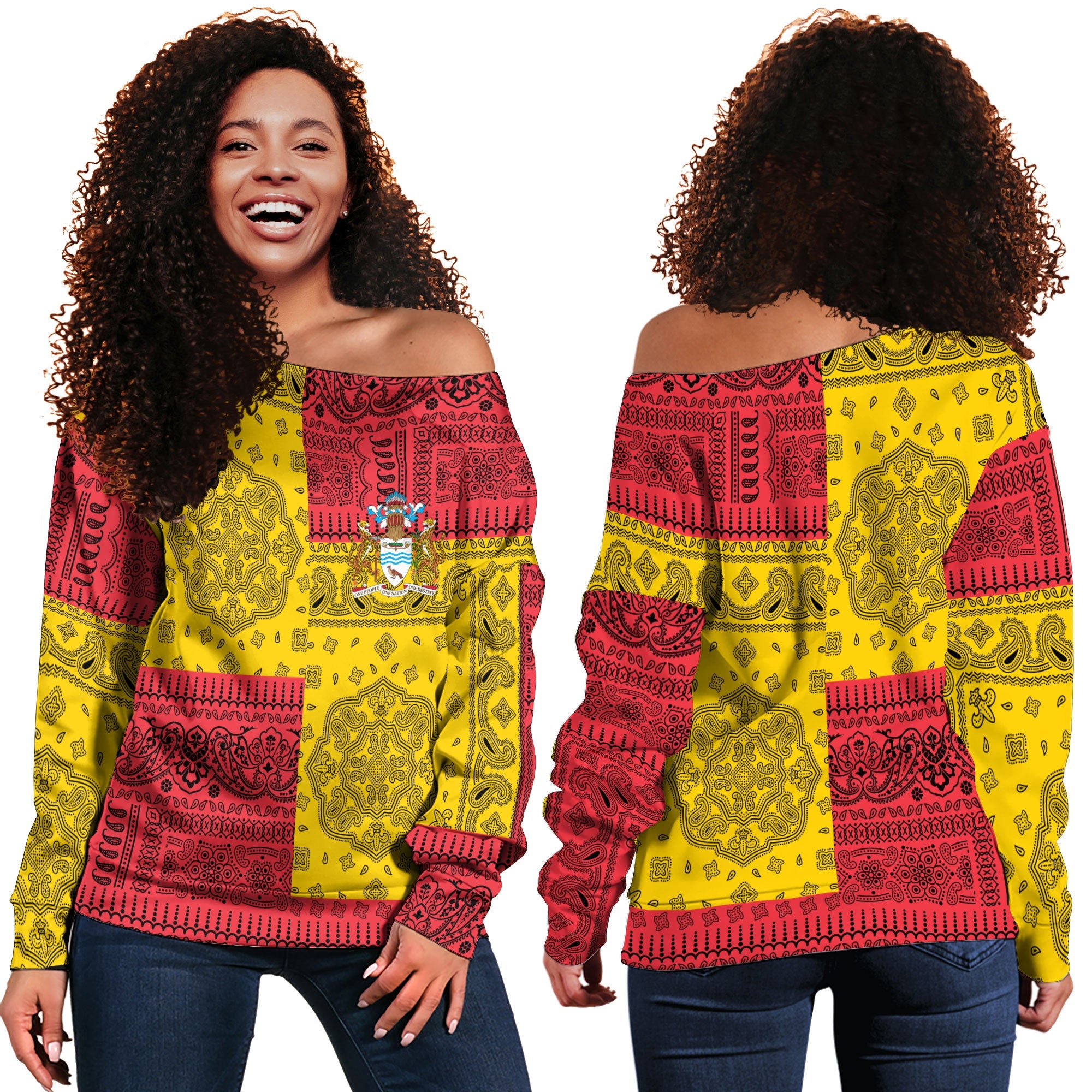 Guyana Women Off Shoulder Sweatshirt Flag And Paisley Basic Style 1