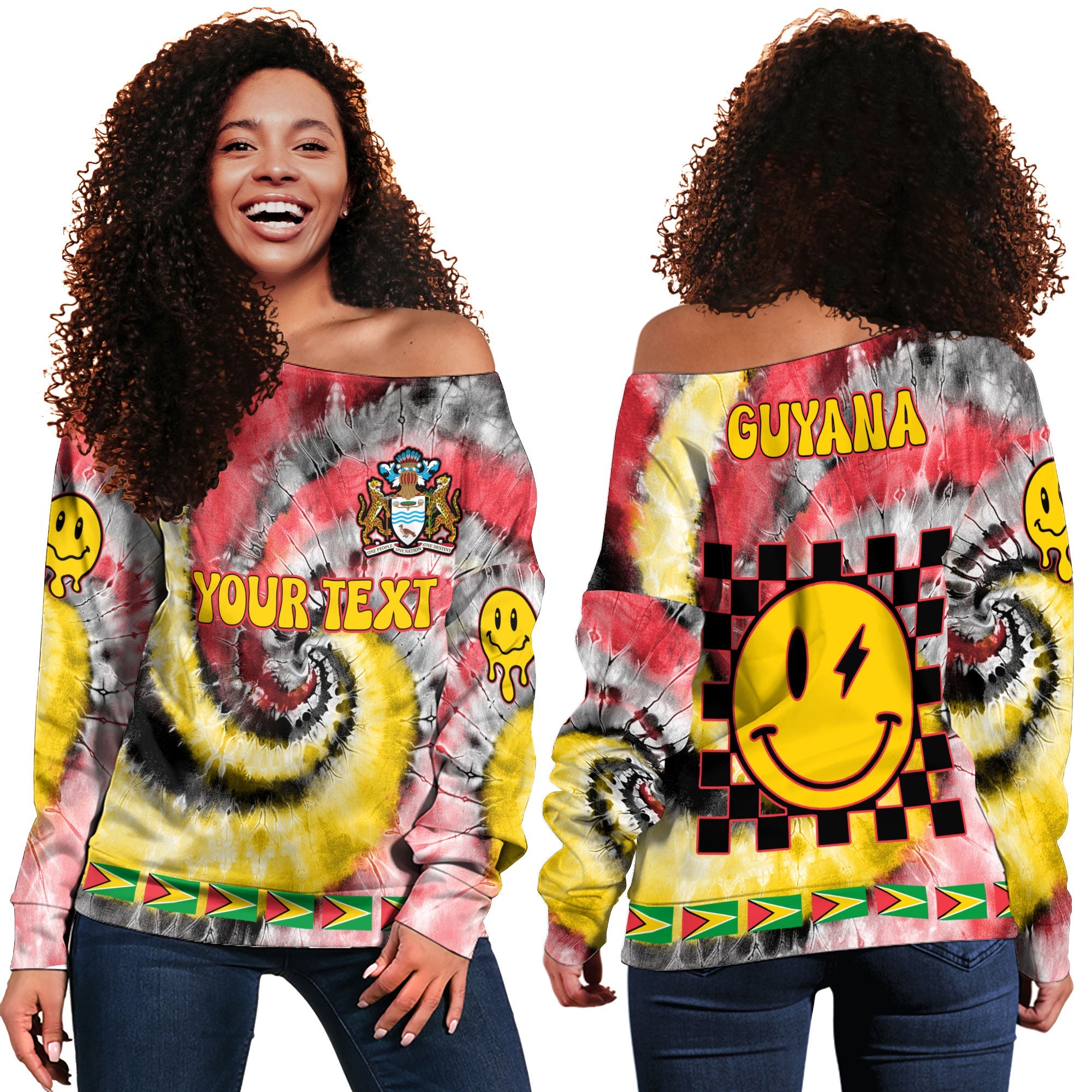 Guyana Women Off Shoulder Sweatshirt Custom Tie Dye Style 2