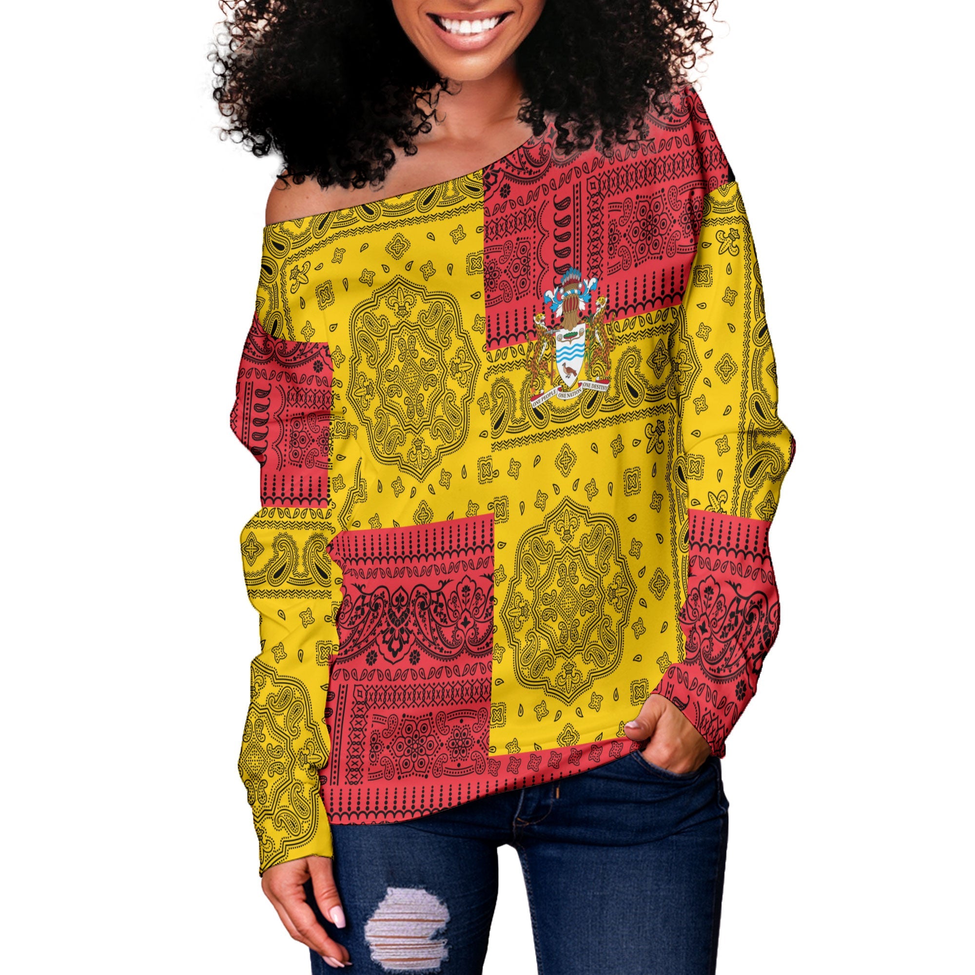 Guyana Women Off Shoulder Sweatshirt Flag And Paisley Basic Style 2