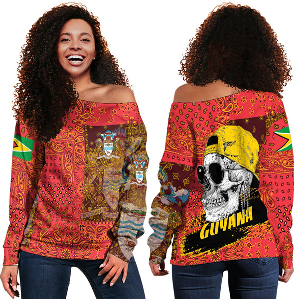 Guyana Women Off Shoulder Sweatshirt Paisley Flag And Skull Style 1