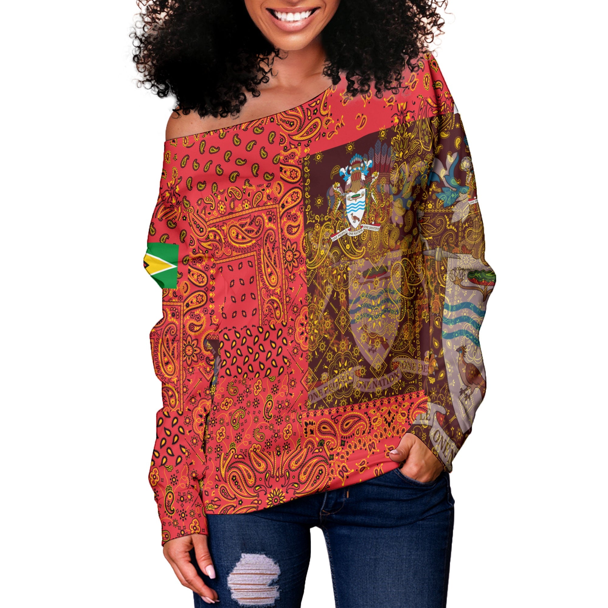 Guyana Women Off Shoulder Sweatshirt Paisley Flag And Skull Style 2