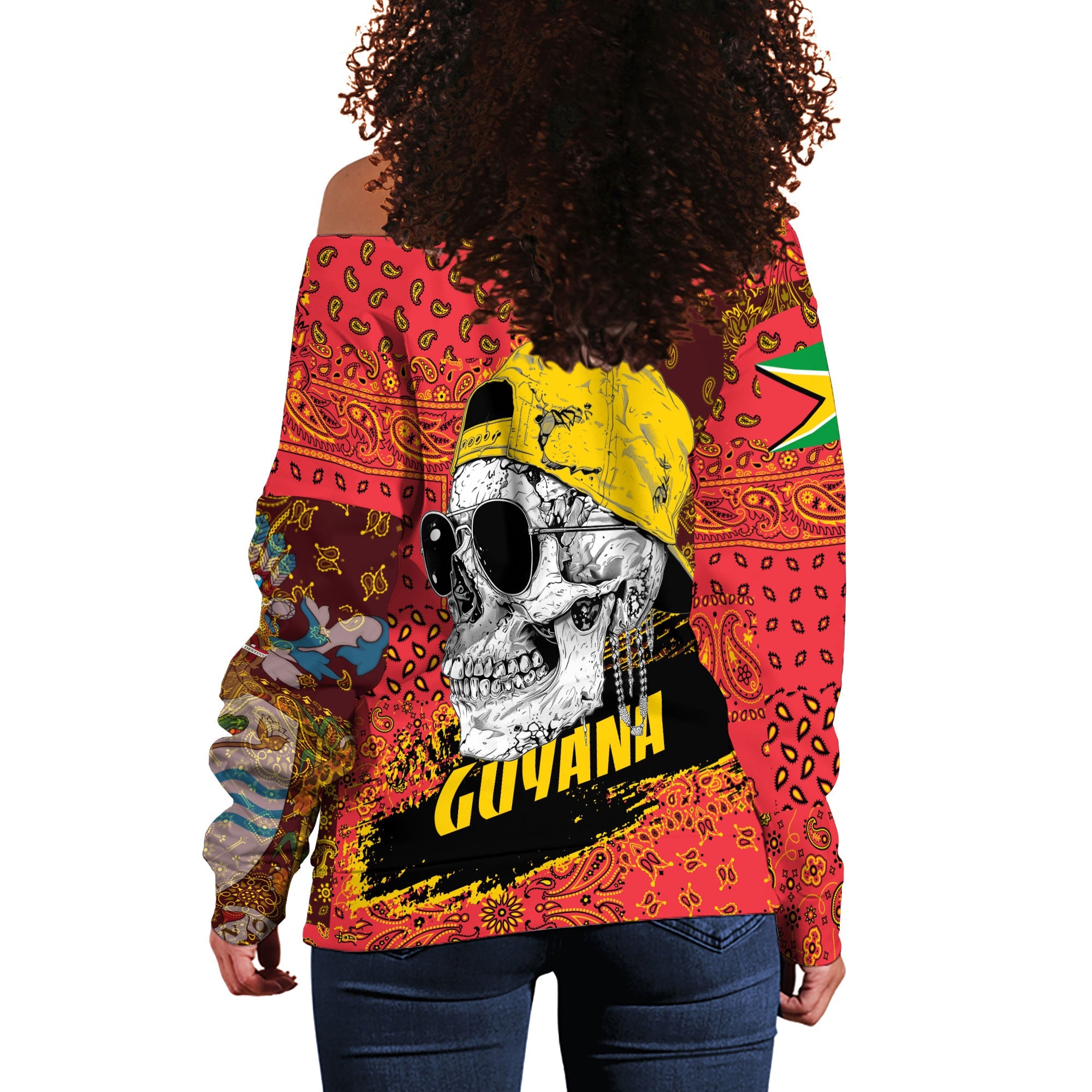 Guyana Women Off Shoulder Sweatshirt Paisley Flag And Skull Style 3