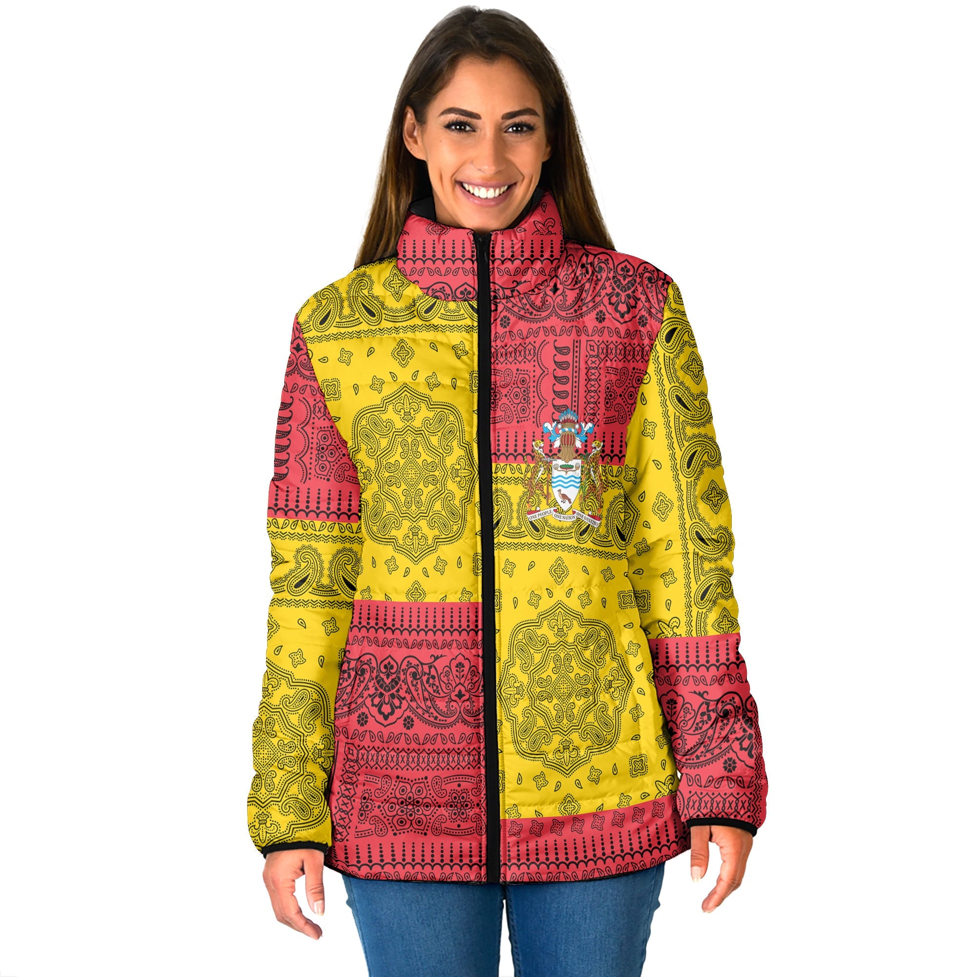 Guyana Women Padded Jacket Flag And Paisley Basic Style 1